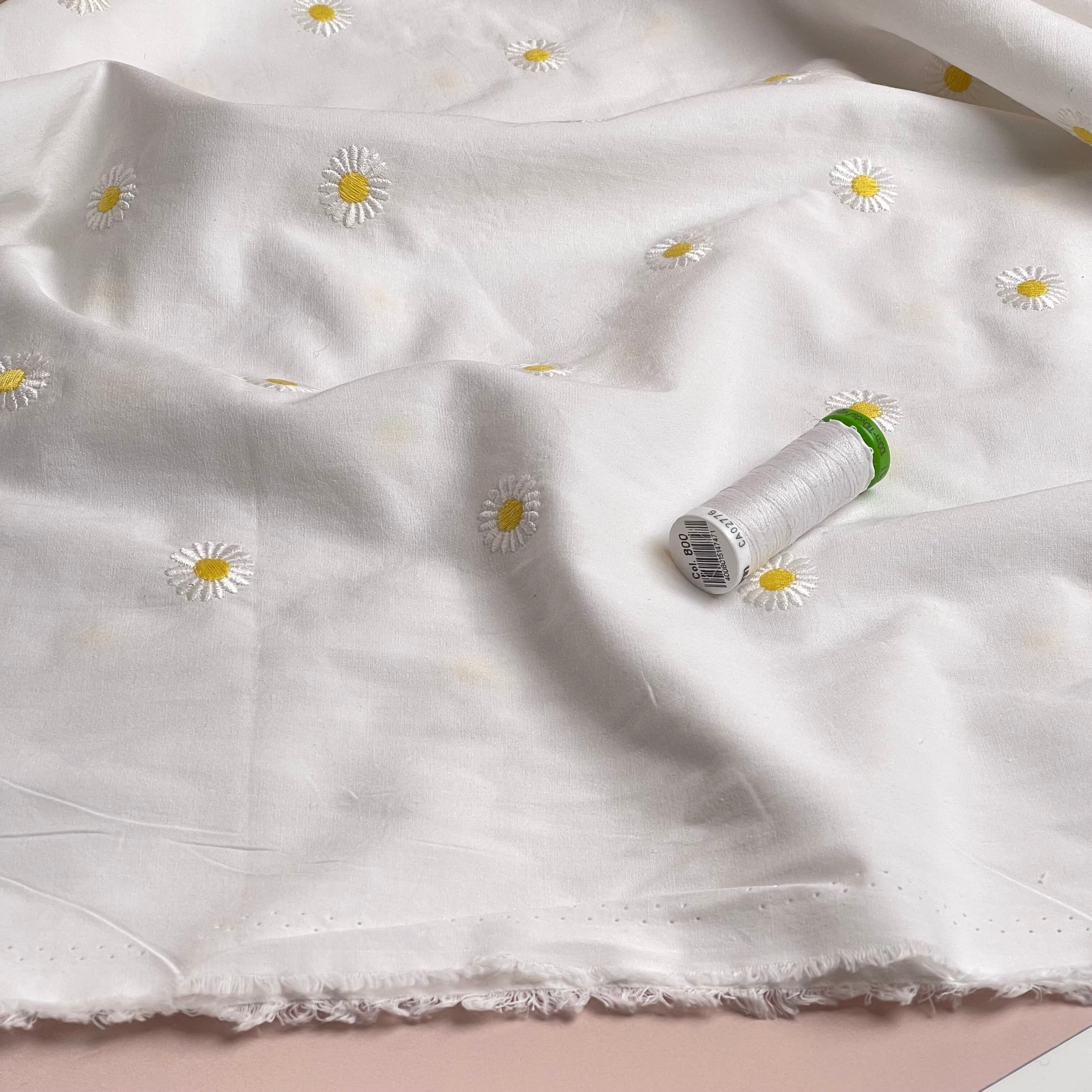 Embroidered Daisies on White Cotton Poplin