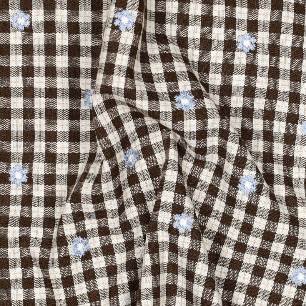 Embroidered Flowers on Brown Gingham Cotton Viscose Fabric