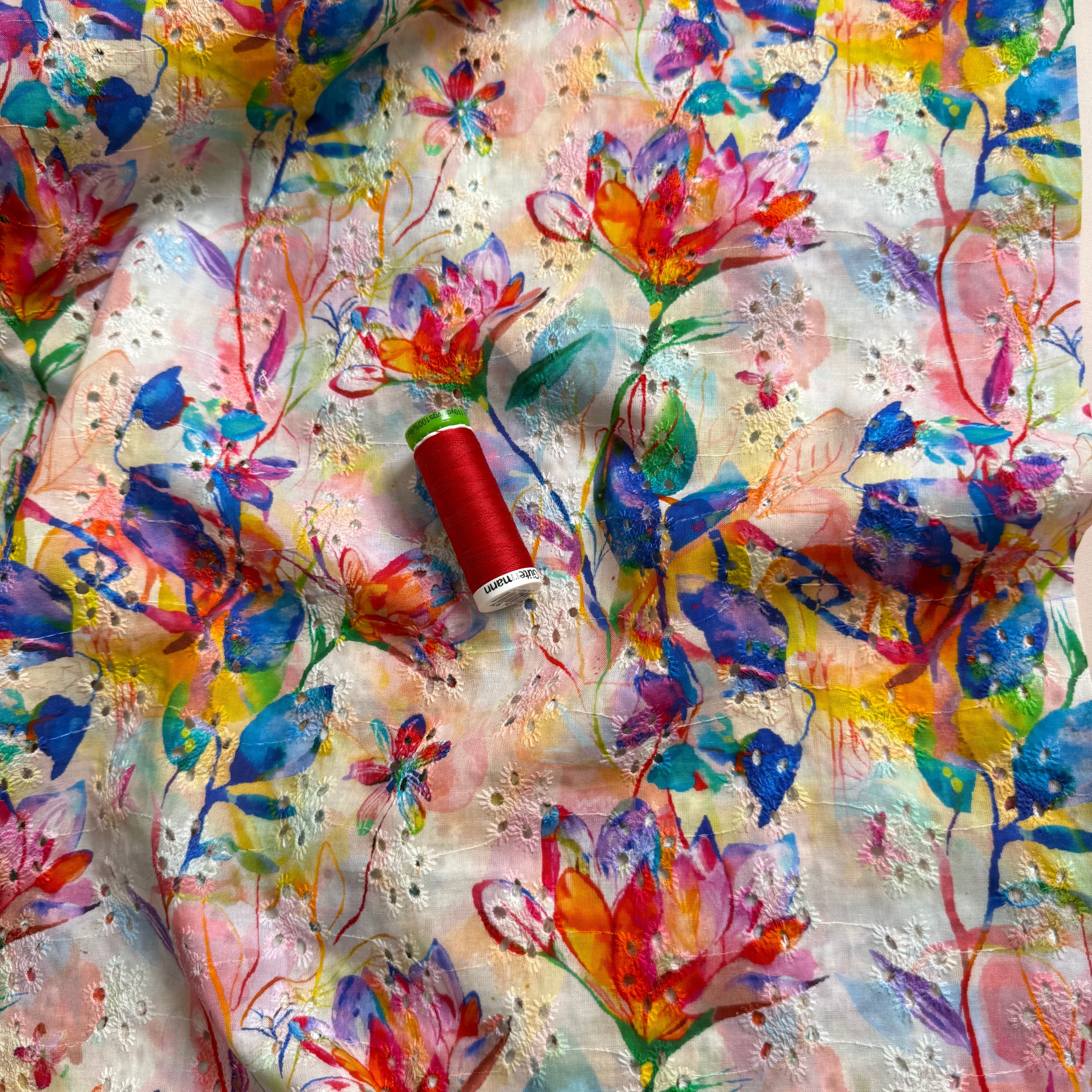 Rainbow Flowers on Embroidered Cotton Voile Fabric