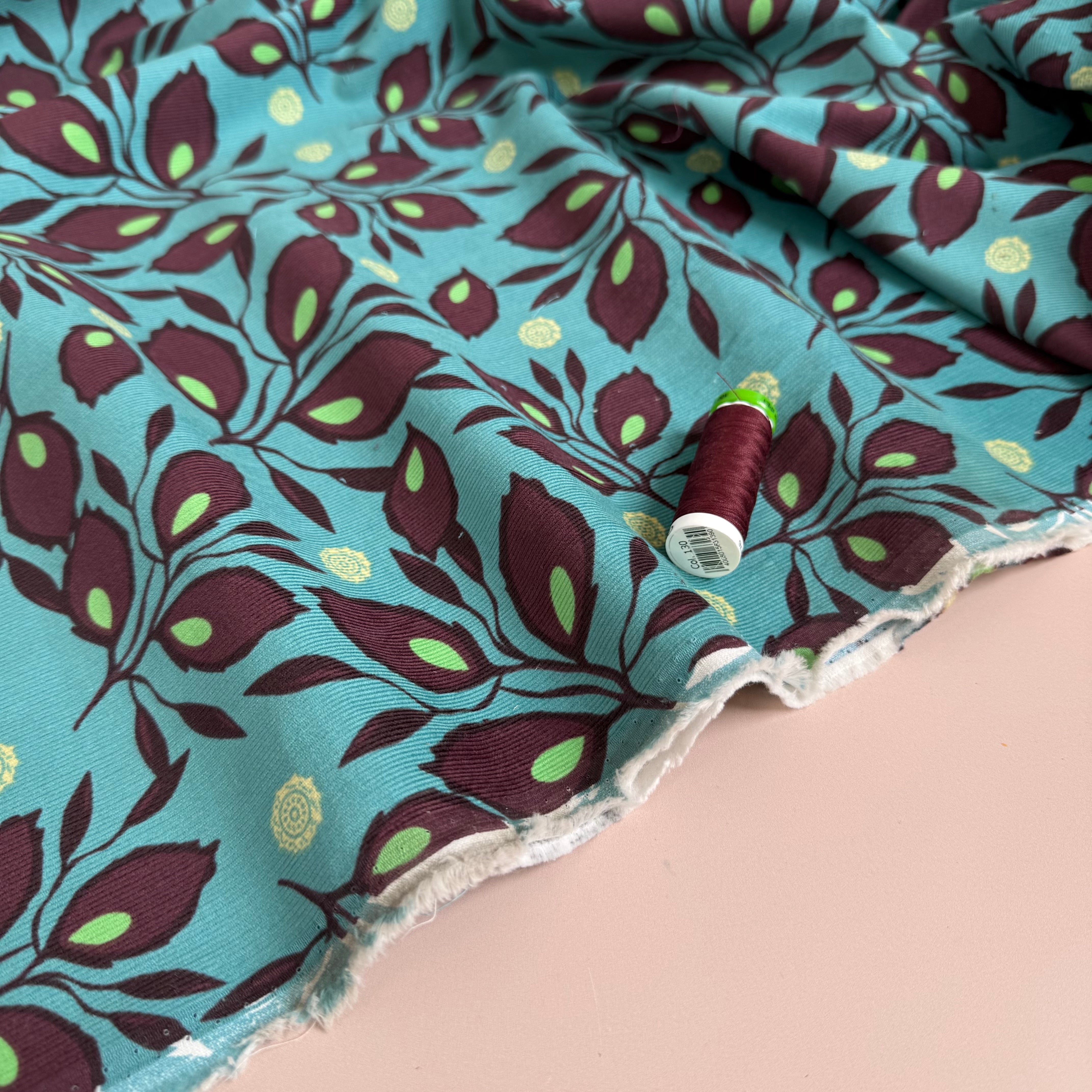 Mahogany Leaves on Petrol Cotton Needlecord