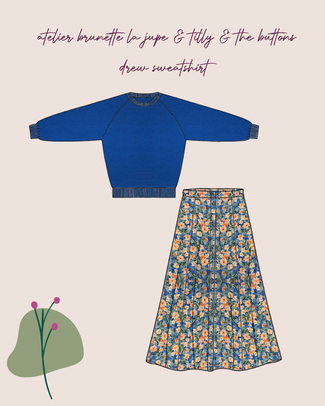 Make an Outfit Colour Bundle - Peach Flowers Viscose & Brushed Sweatshirt in Intense Blue with Ribbing