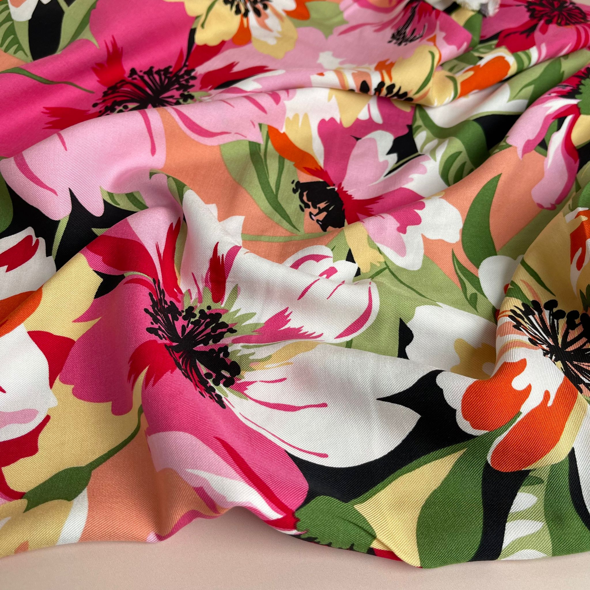 REMNANT 1.43 Metres - Joyful Blooms Pink Viscose Twill Fabric (Copy)