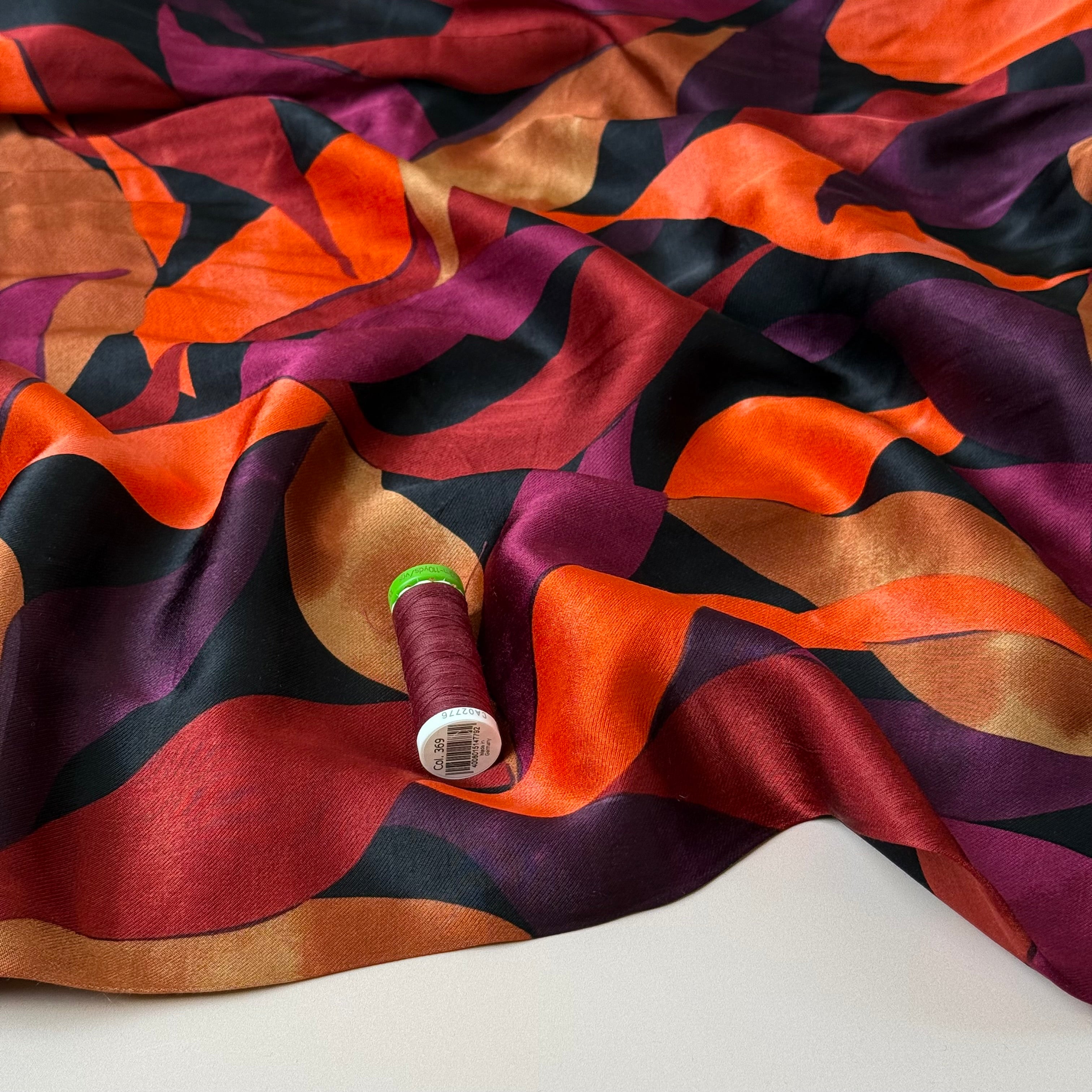 Leaves Dark Red Royal Spun Viscose Sateen Fabric