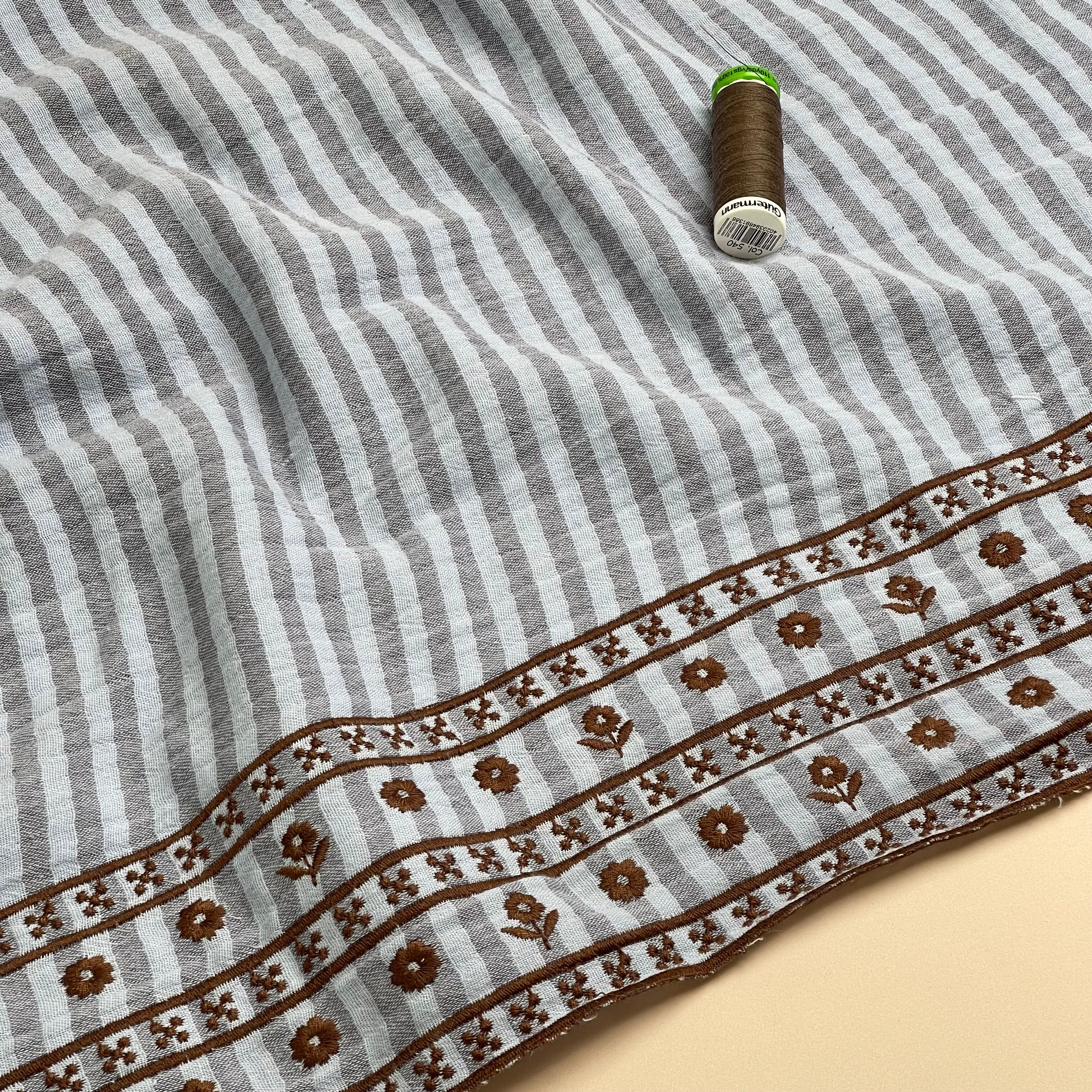Border Embroidered Yarn Dyed Striped Cotton Double Gauze in Blue
