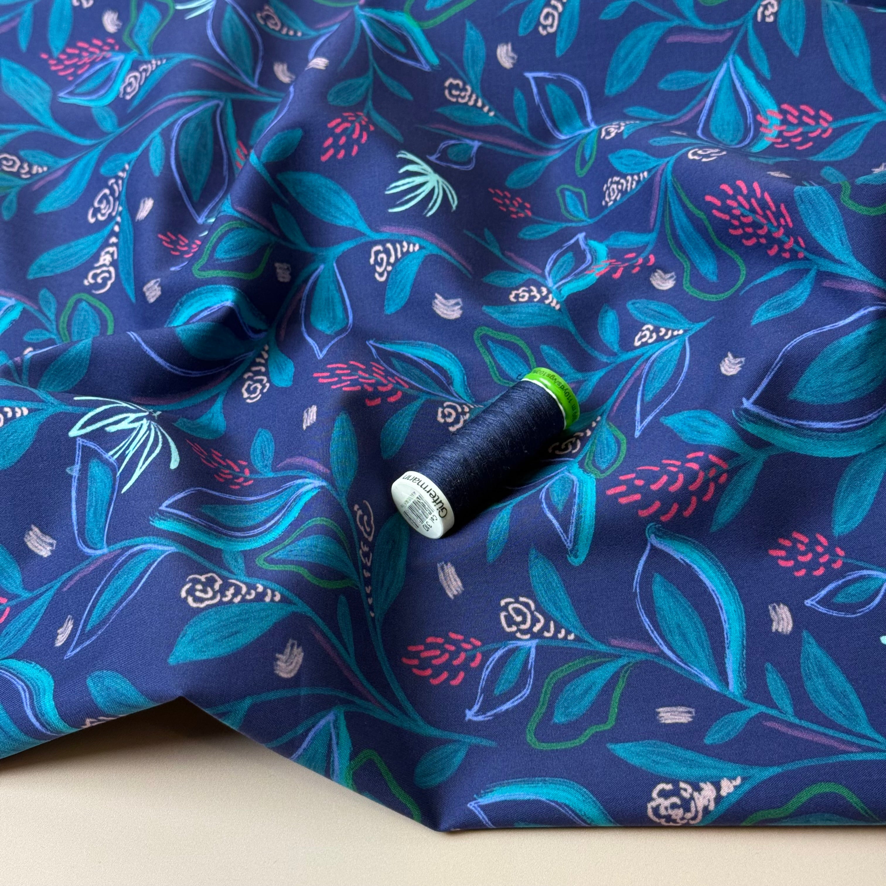 Flowering Branches in Blue Fine Cotton Poplin Fabric