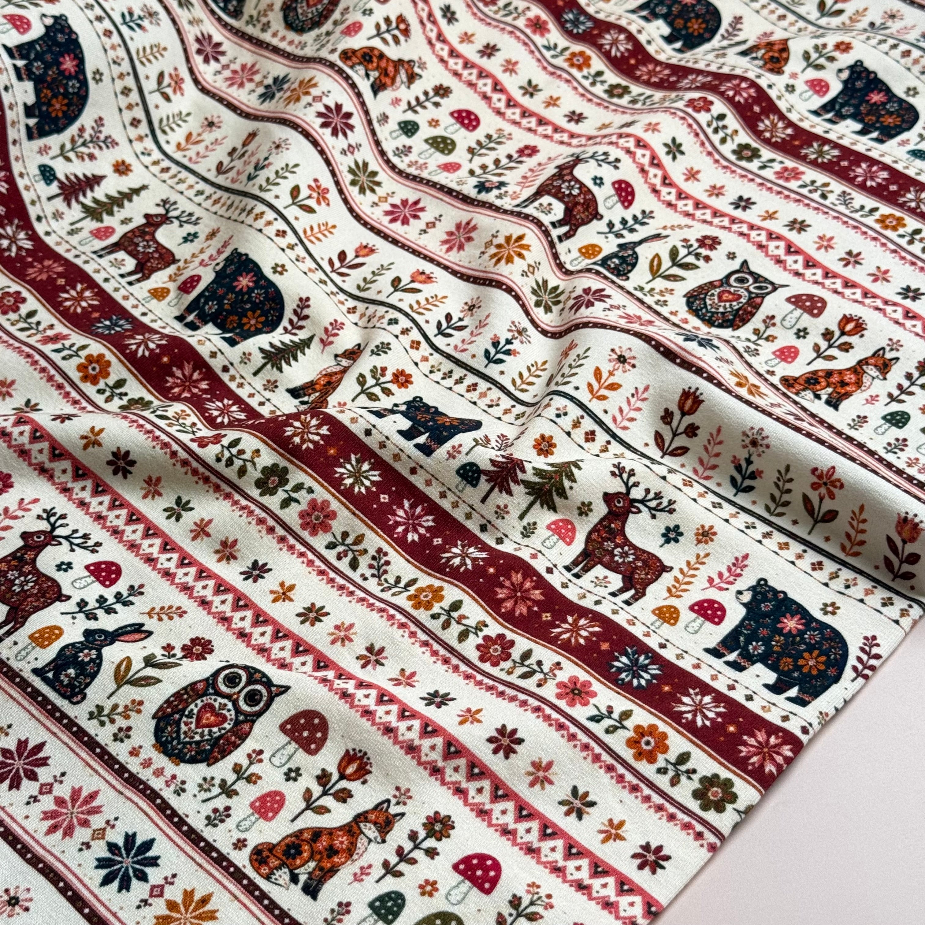 Nordic Animals & Floral Stripes Soft Cotton Sweat-shirting Fabric