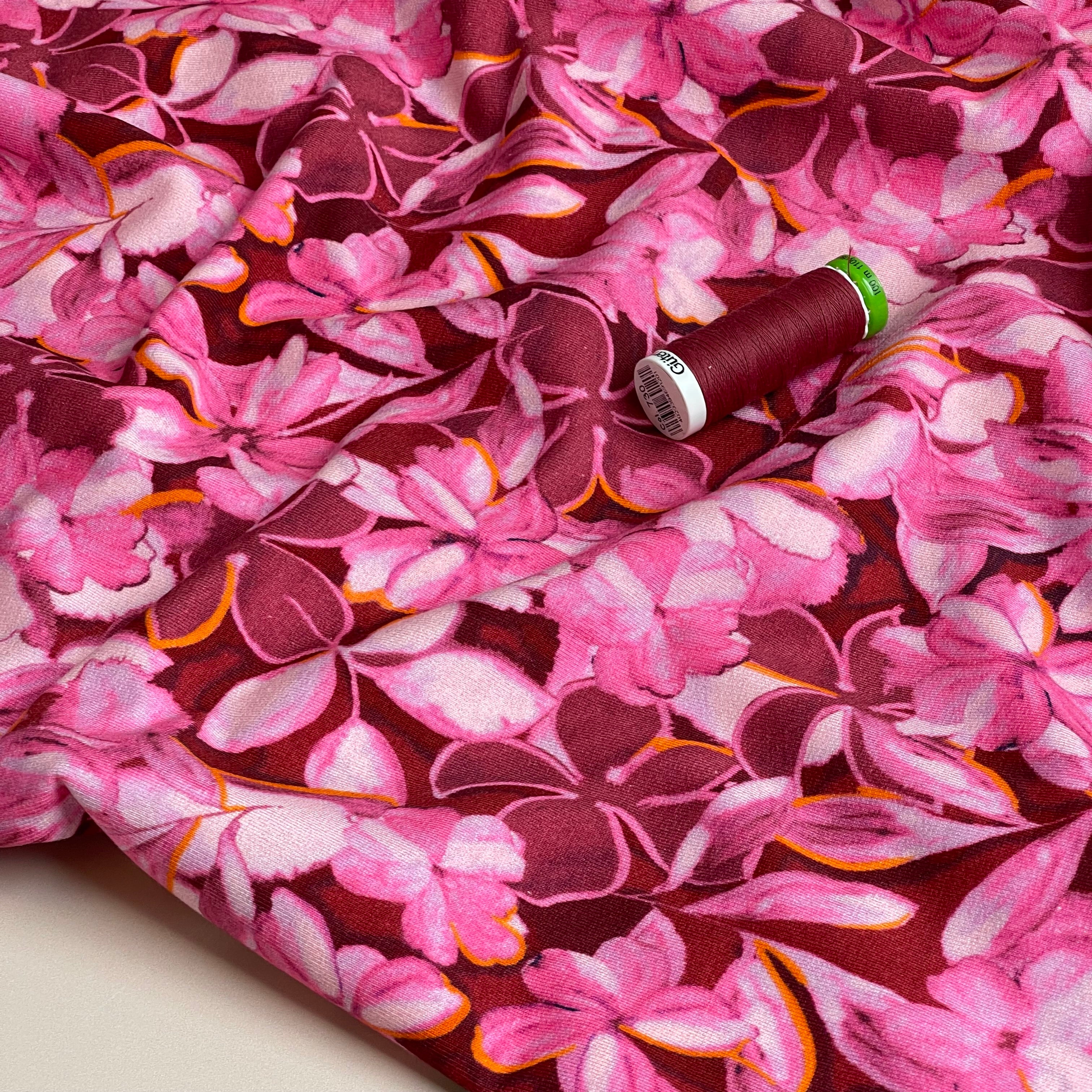 Painted Petals Red Cotton French Terry Fabric