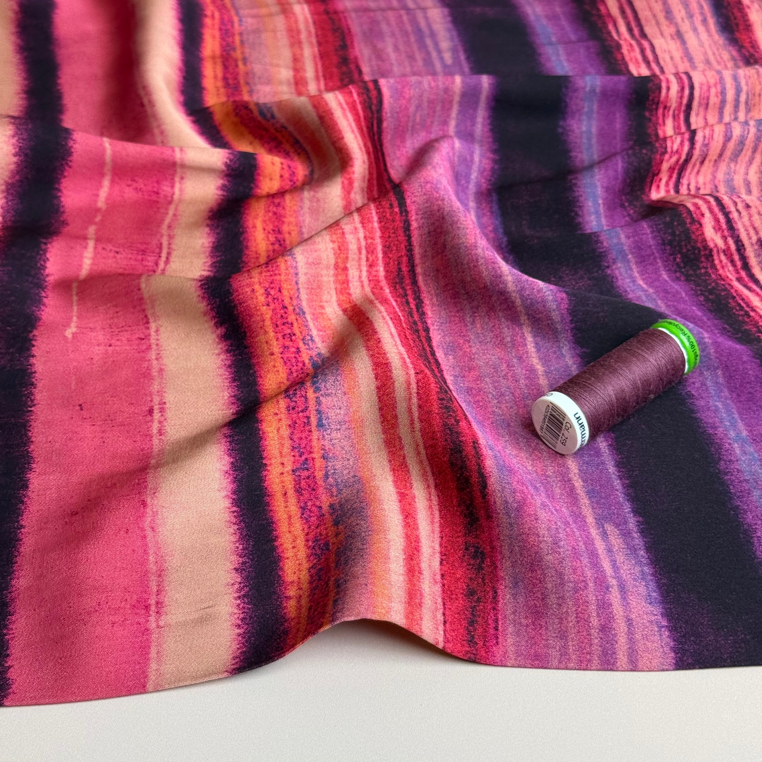 Hazy Horizontal Stripes Pink Viscose Sateen Fabric