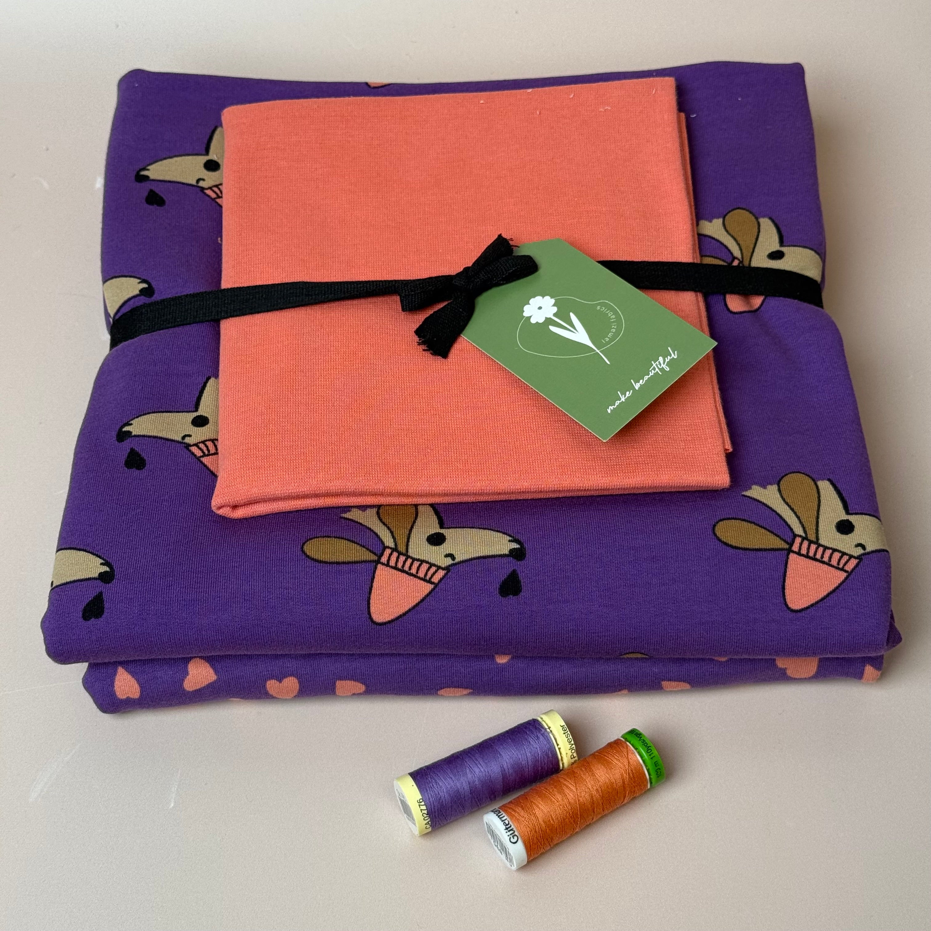 Make an Outfit Colour Bundle - Dogs and Heart Purple Cotton Sweat-shirting with Ribbing
