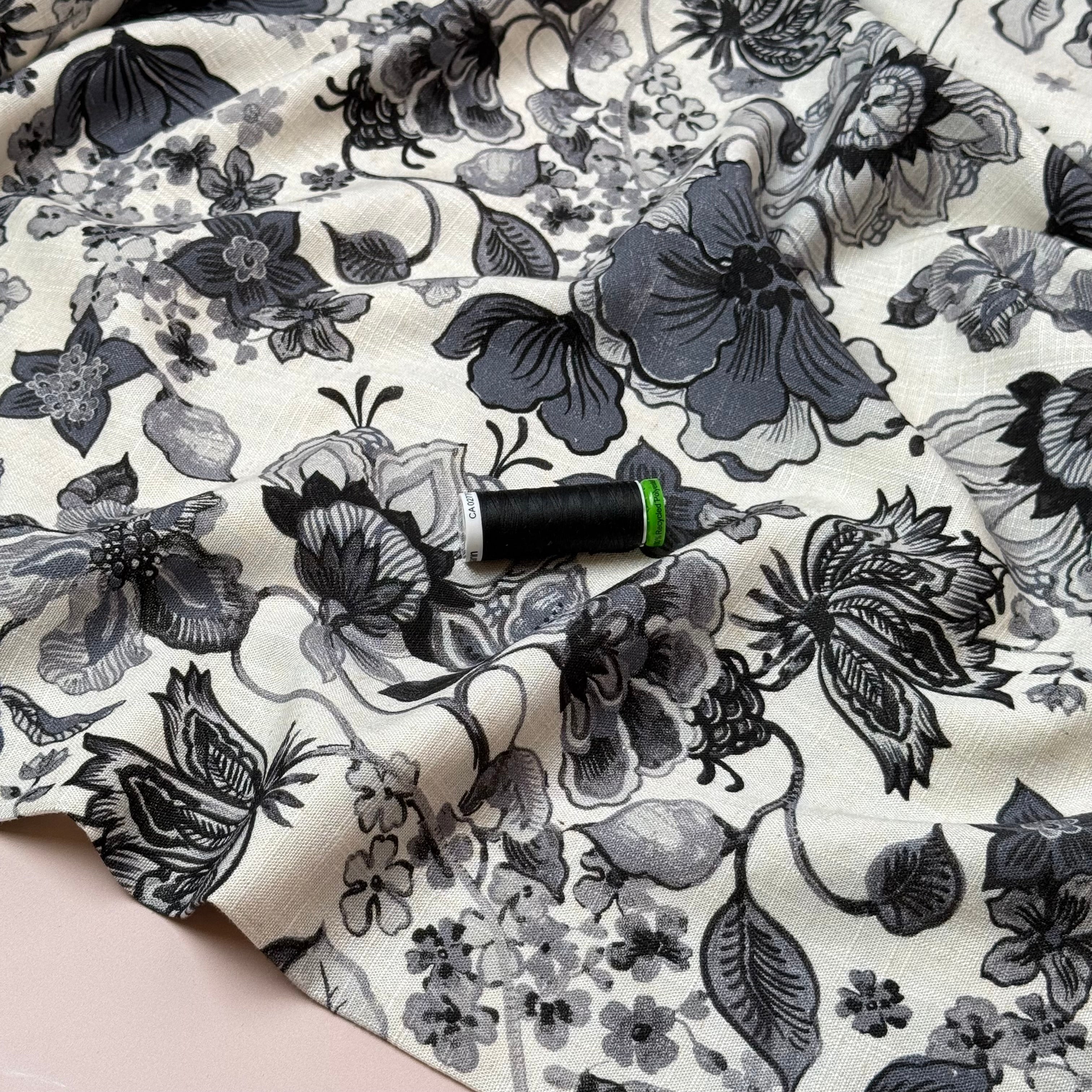 Henna Flowers Charcoal Grey Viscose Linen Fabric