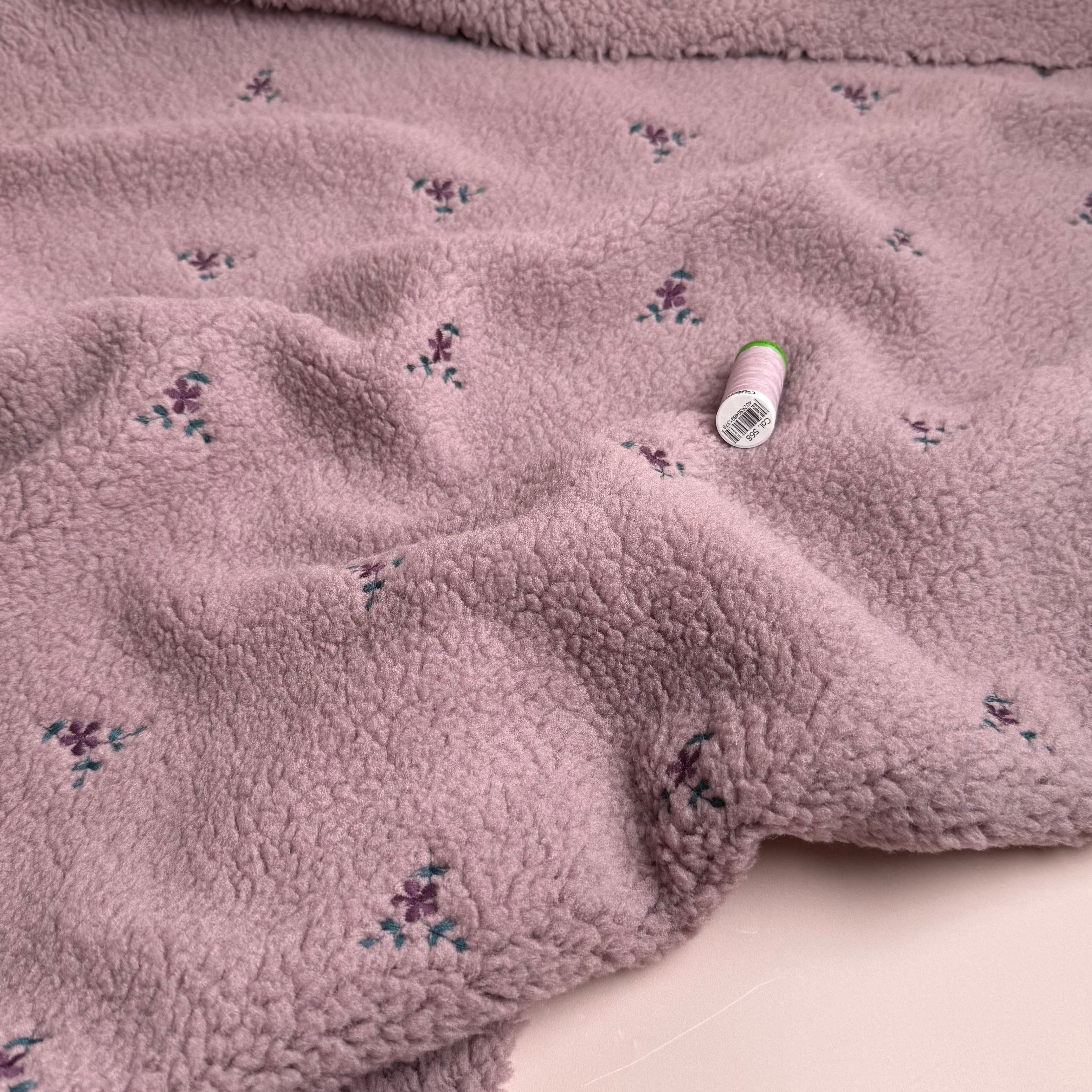 Teddy Fabric with Embroidered Flowers in Mauve