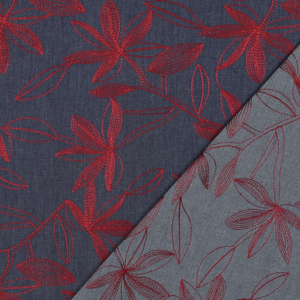 Denim with Burgundy Embroidered Flowers Cotton Fabric