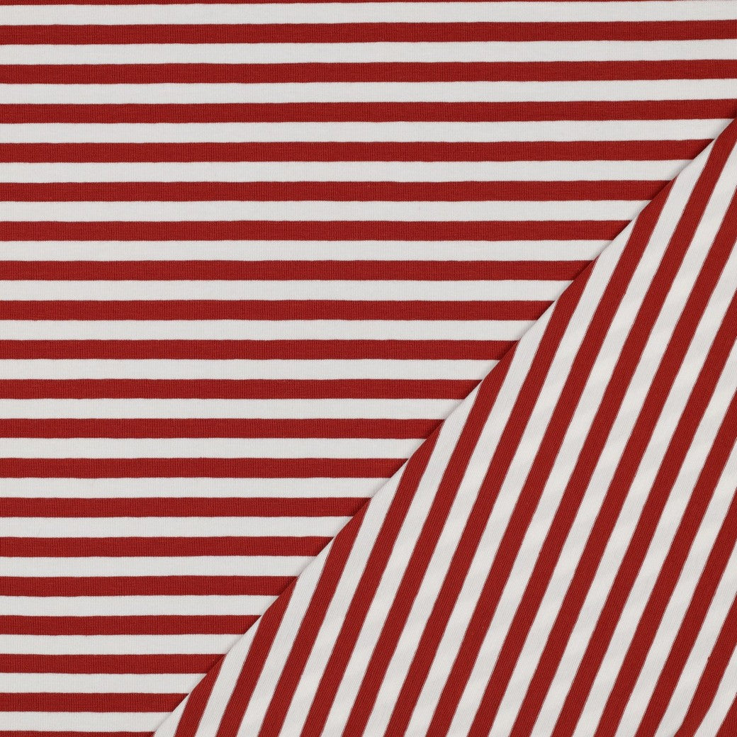 Yarn Dyed Brick Red Breton Stripe Cotton Jersey Fabric