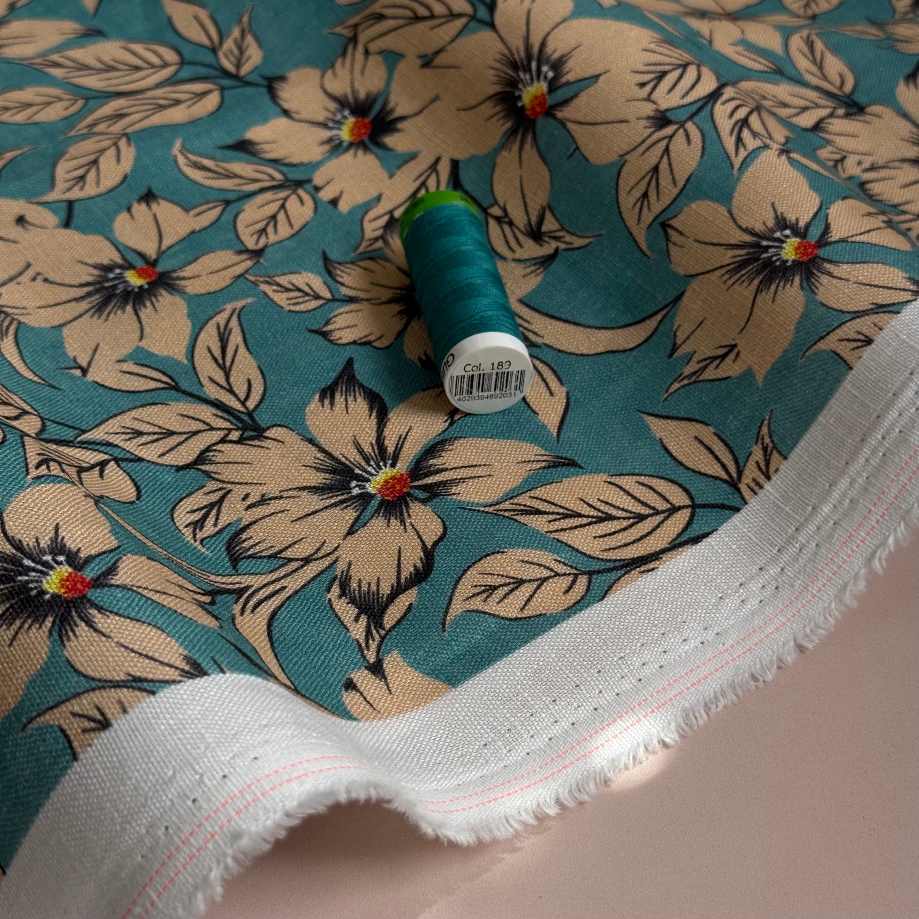 Neutral Blooms on Teal Pure Linen Fabric