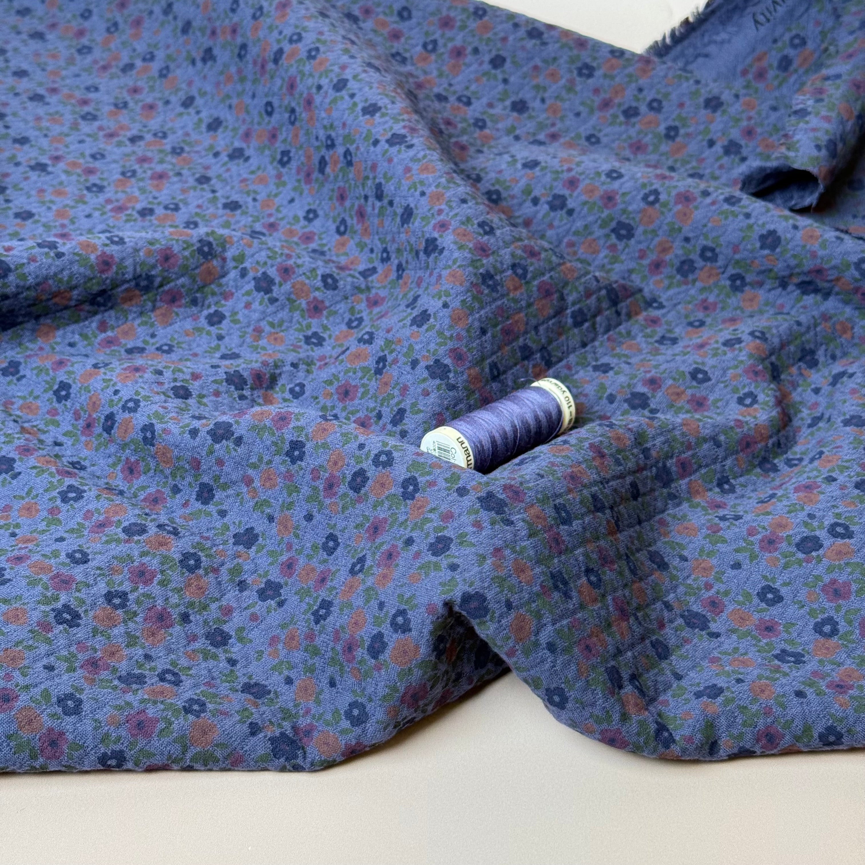 Ditsy Flowers Red on Blue Cotton Diamond Jacquard Fabric