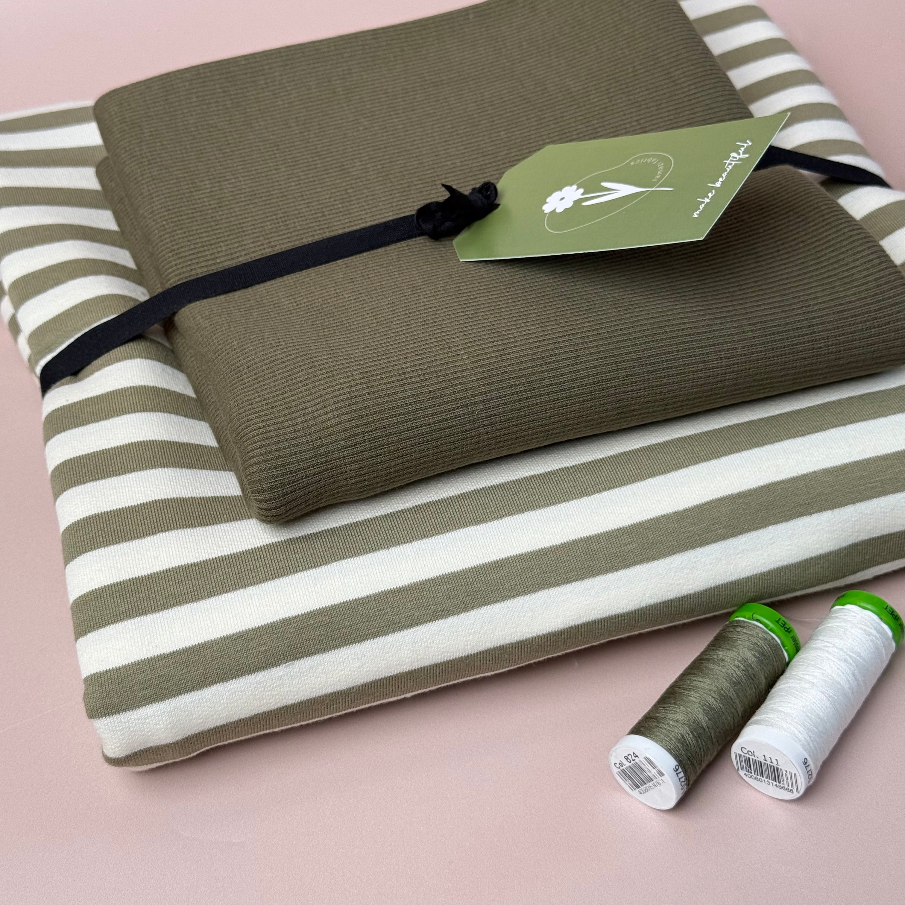 Colour Bundles - Tea Green Stripe Cotton French Terry & Ribbing