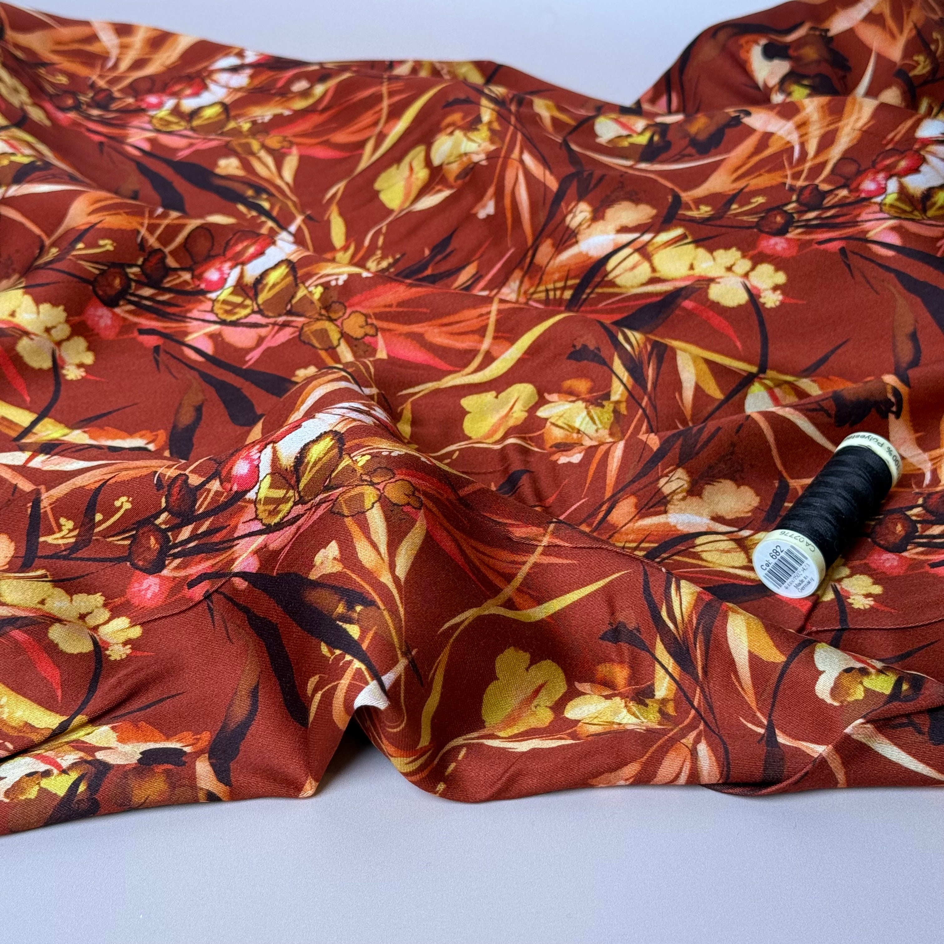 Autumn Foliage Burnt Sienna Viscose Sateen Fabric