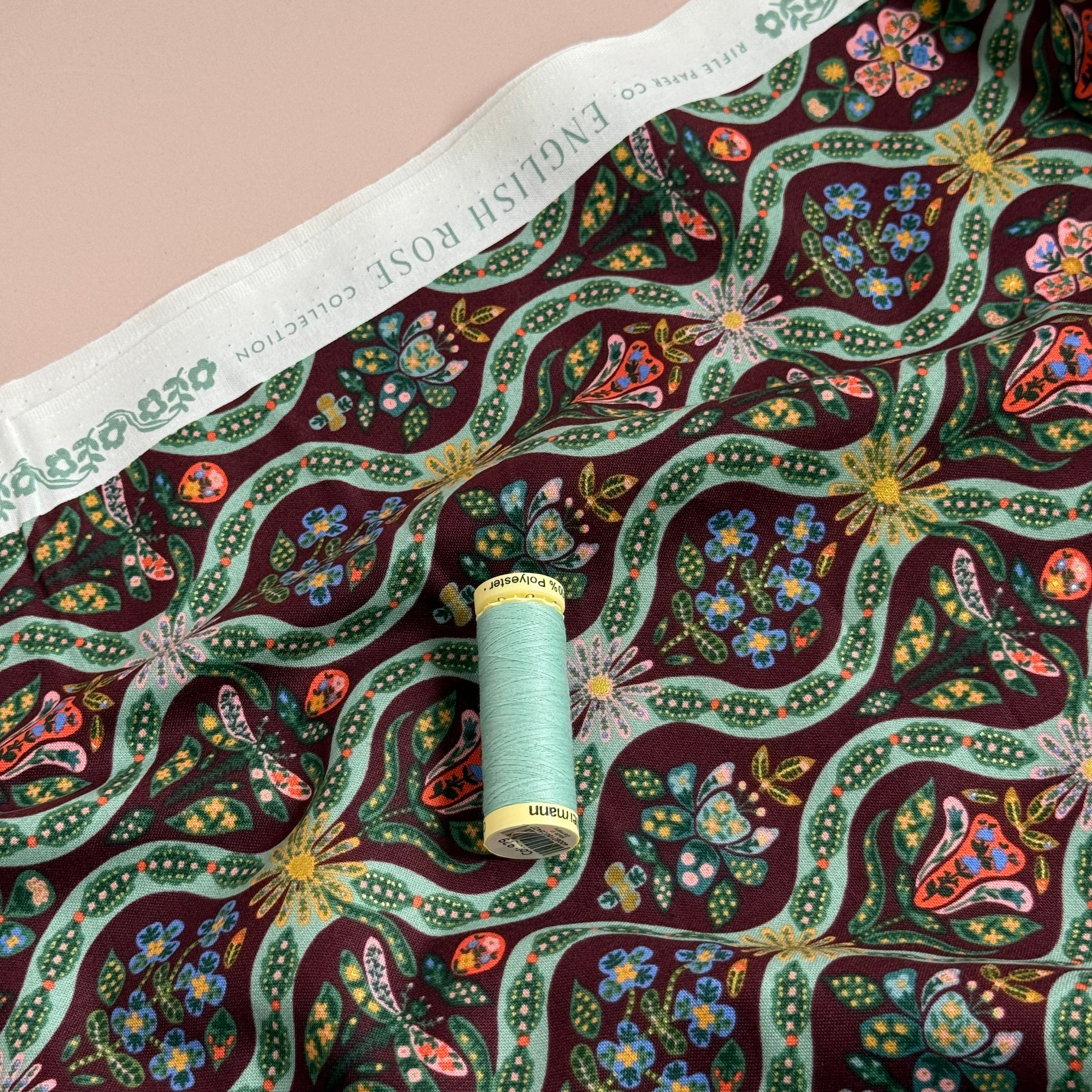 Rifle Paper Co - Posie in Burgundy Metallic Cotton Fabric from English Rose