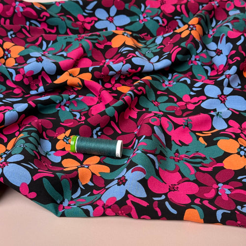 Graphic Floral Field Black Viscose Fabric