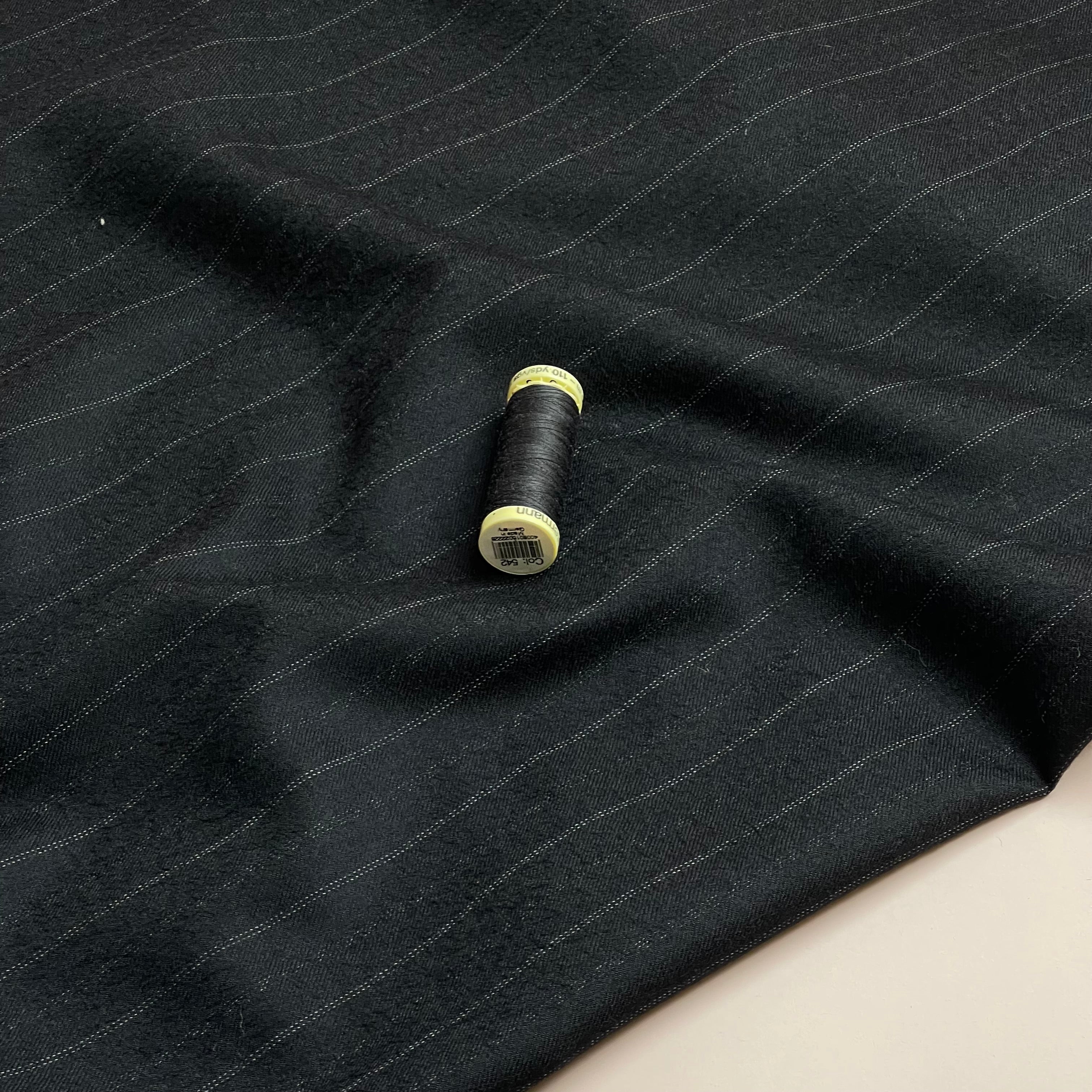 Deadstock Pinstripe Black Pure Wool Suiting Fabric