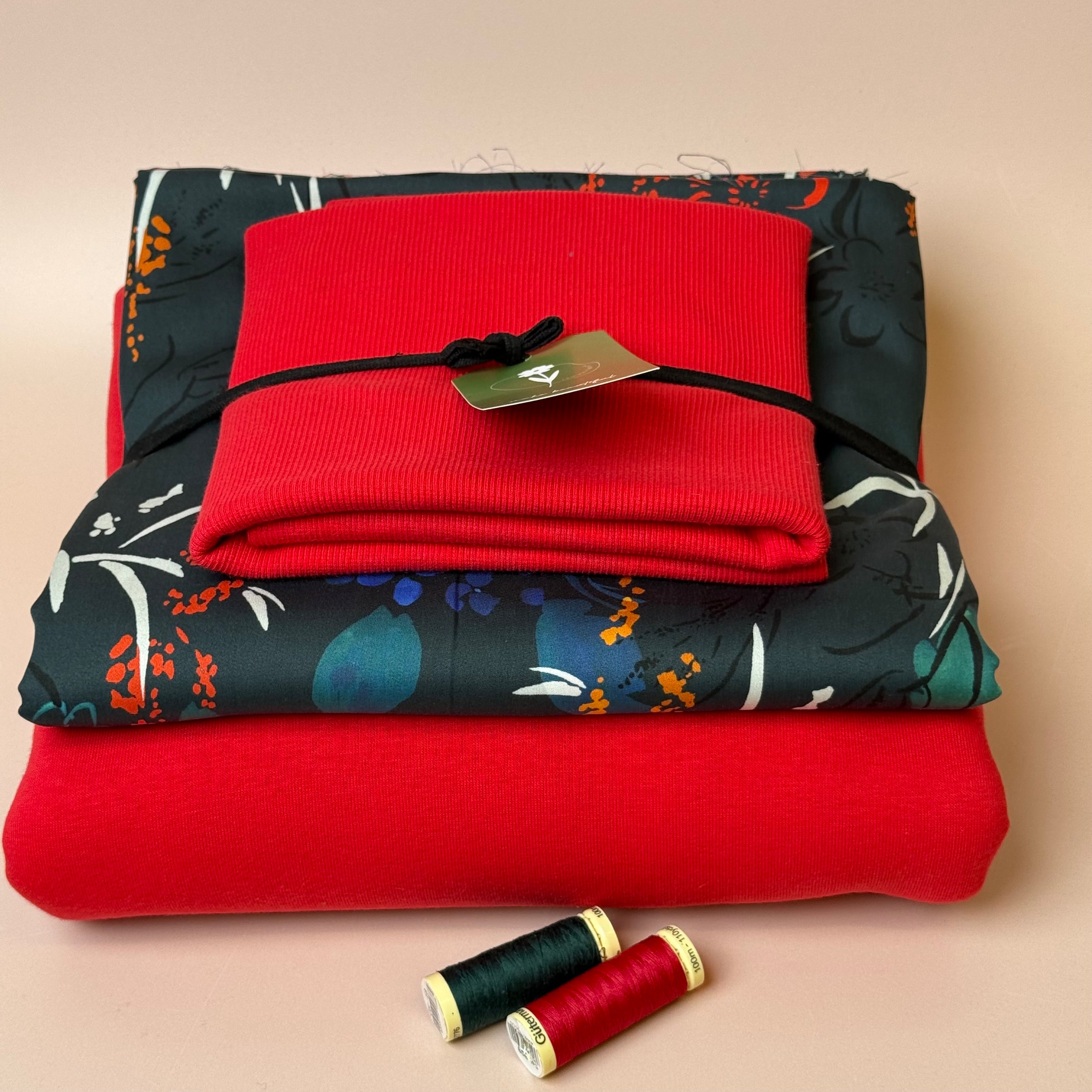 Make an Outfit Colour Bundle - Midnight Blooms Tencel Sateen & Sweatshirting in Red with Ribbing