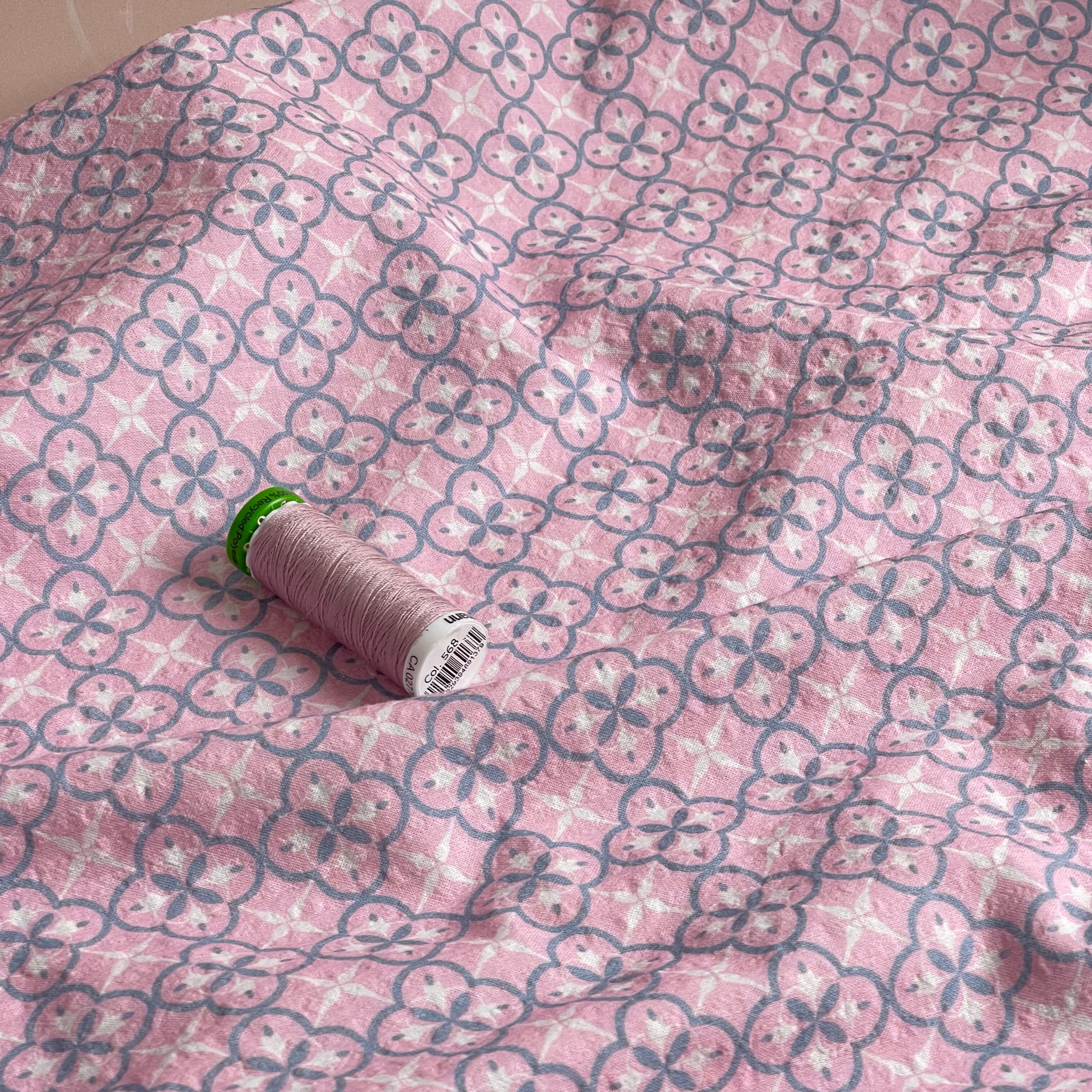 Tiles on Pink Bubble Stripes Cotton Seersucker Fabric