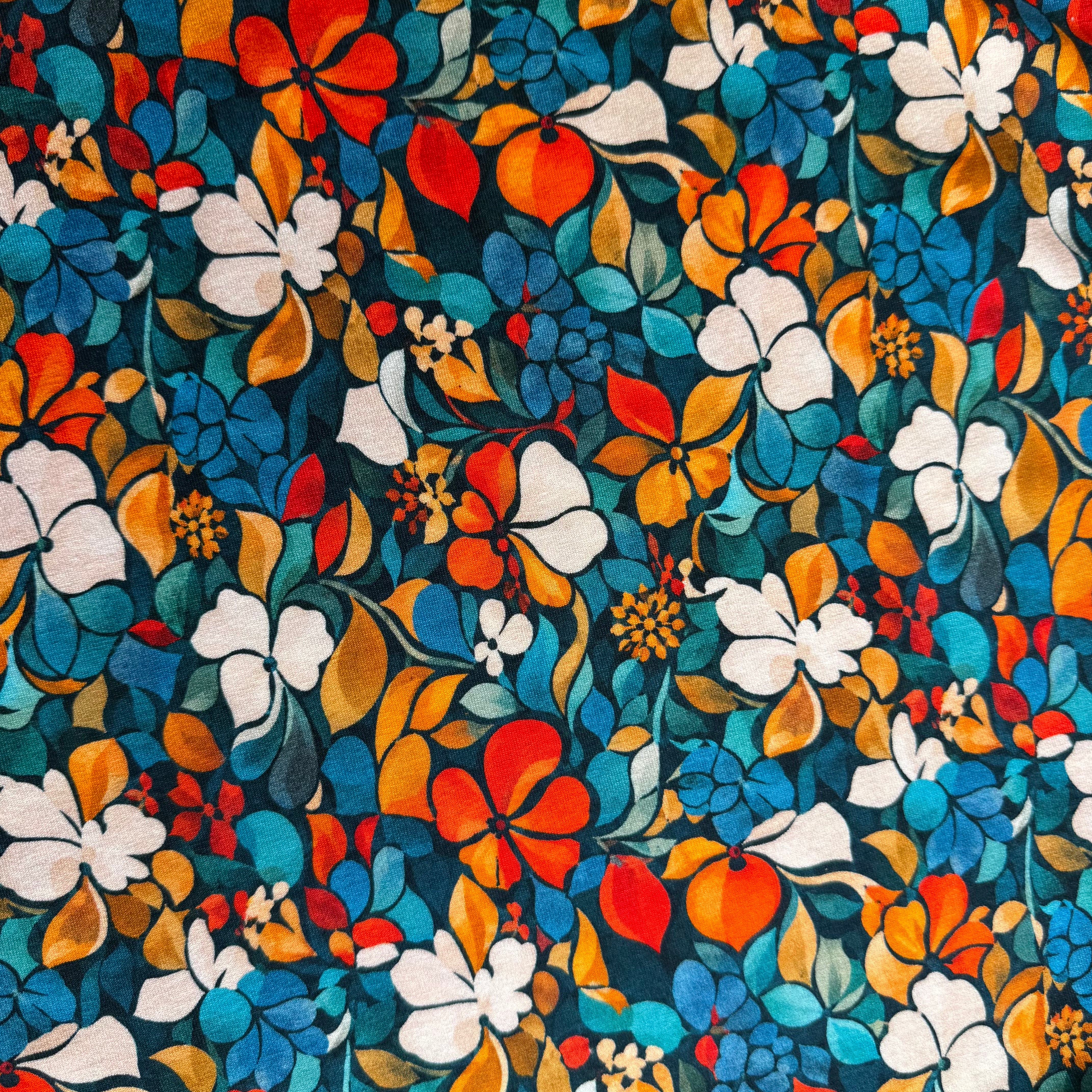 Autumn Flower Petals Petrol Viscose Jersey Fabric