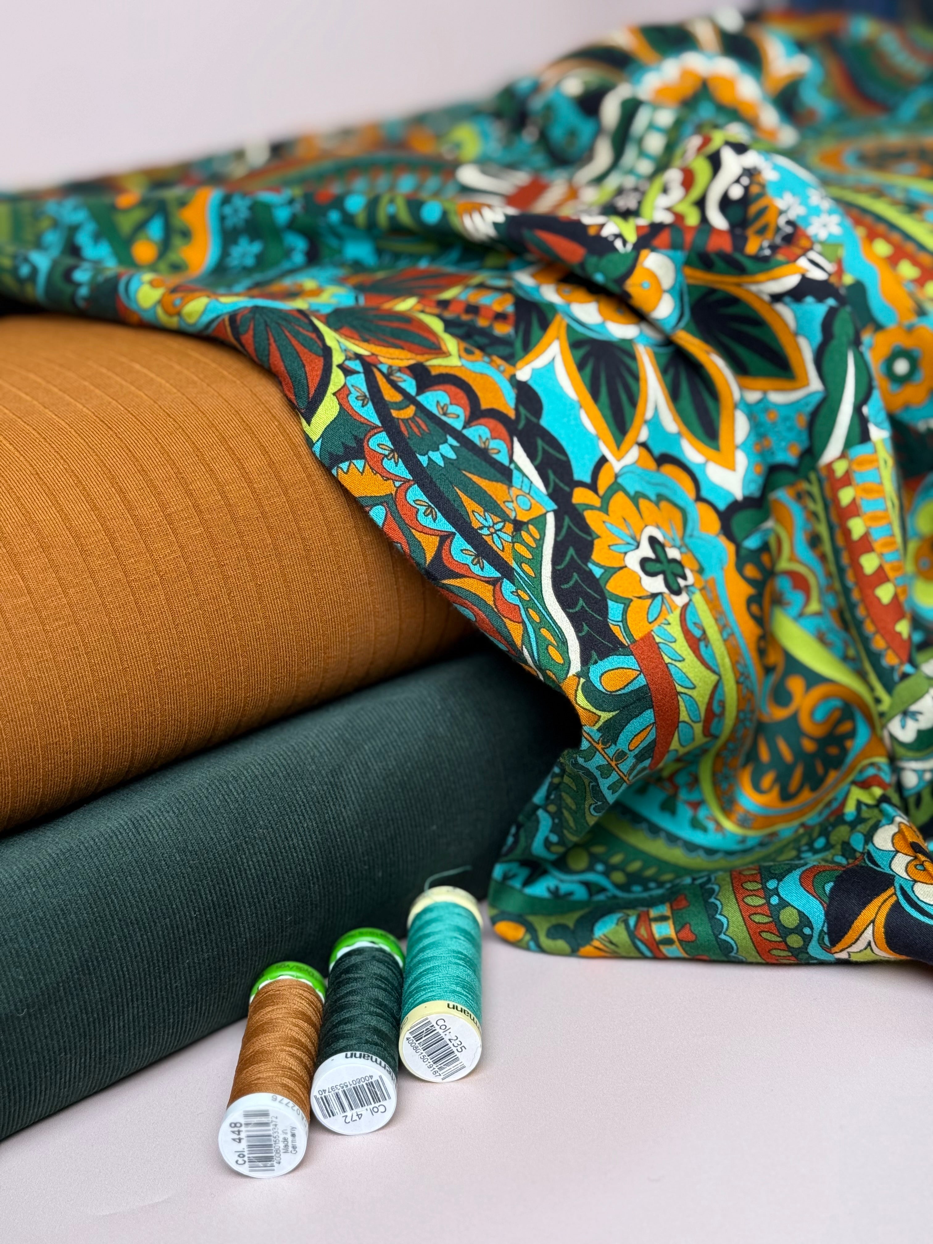 Magical Garden Forest Green Viscose Sateen Fabric