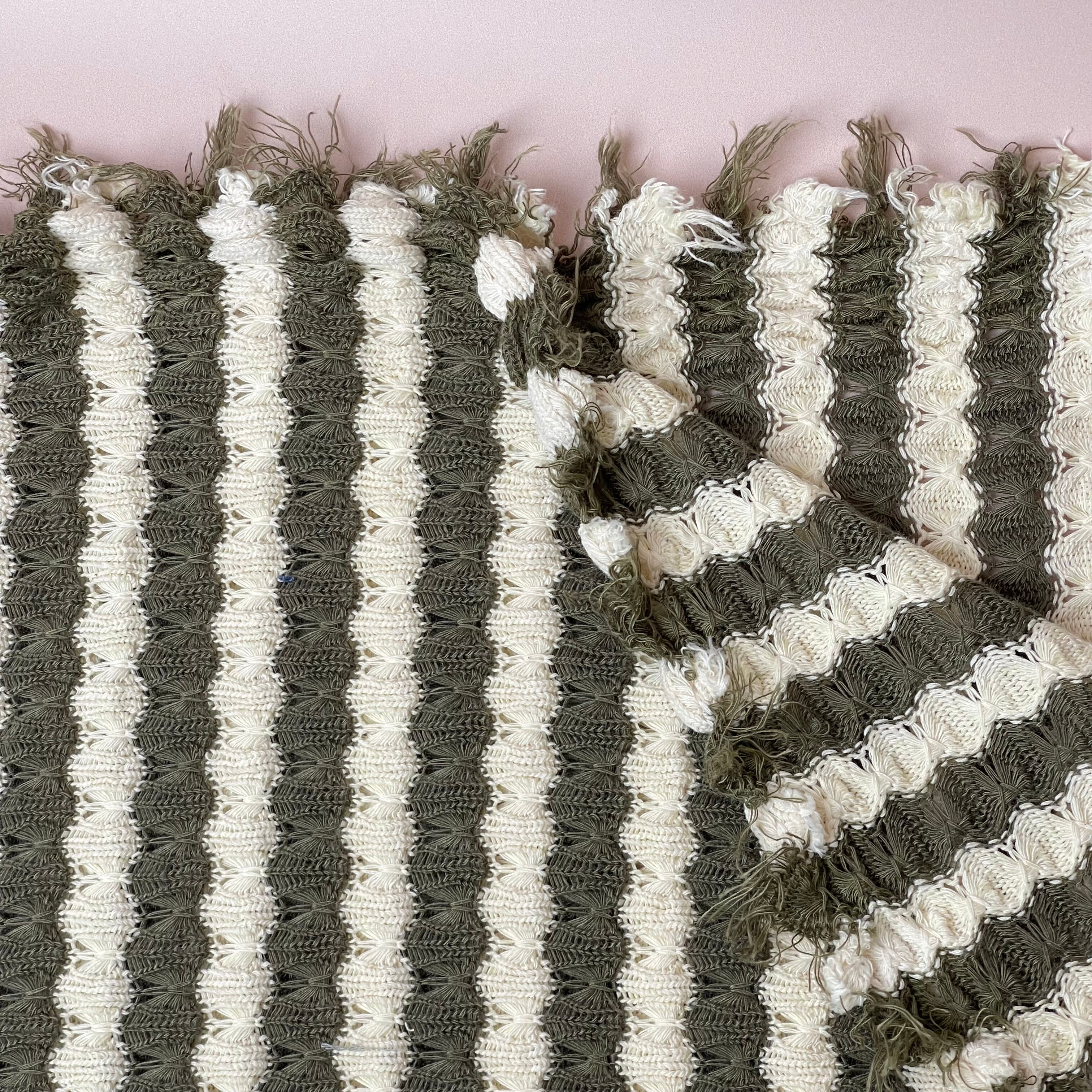 REMNANT 1.34 Metres - Summer Knitted Jacquard in Olive & Off-White Stripes