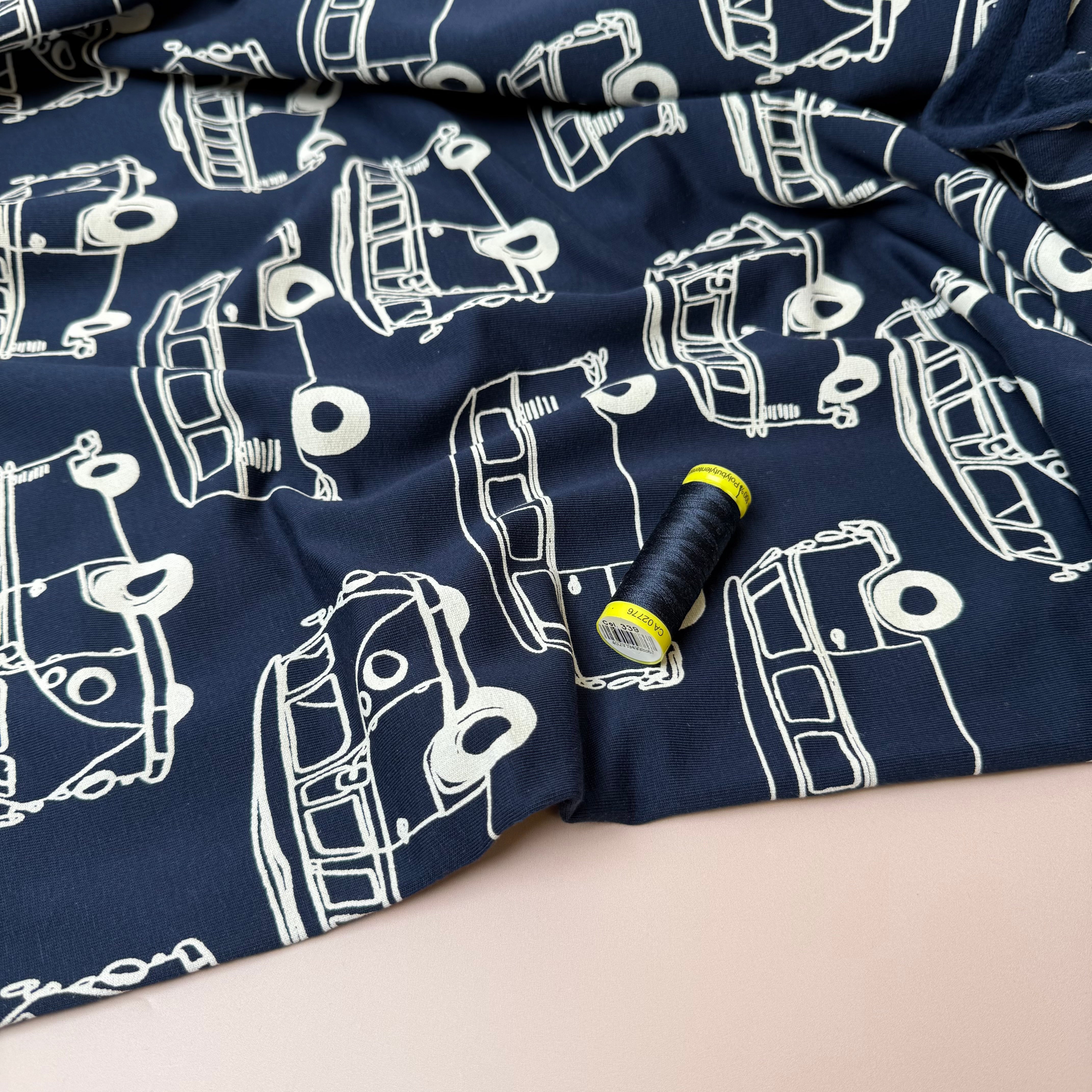 Camper Vans in Navy Peach Soft Cotton Sweat-shirting Fabric