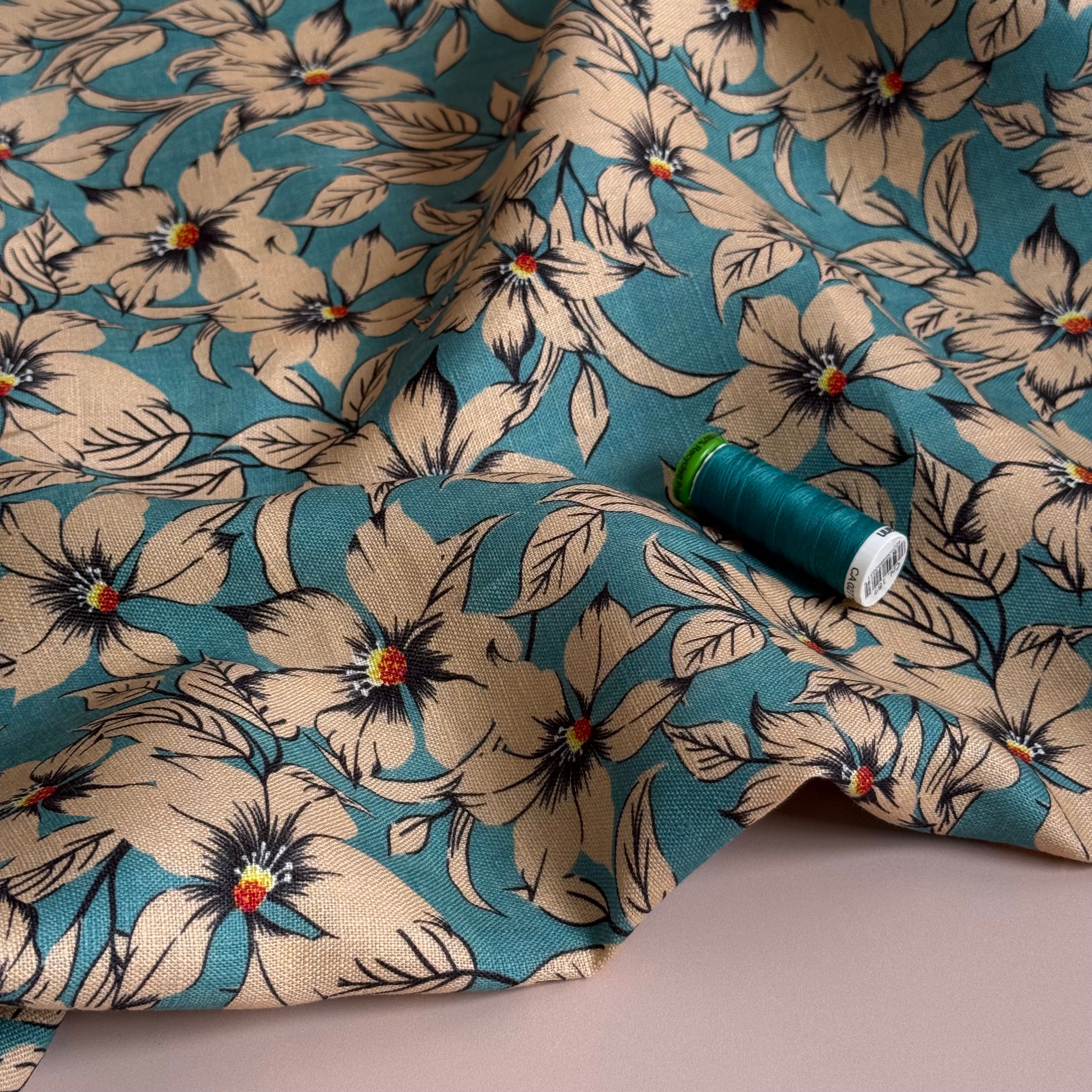 Neutral Blooms on Teal Pure Linen Fabric