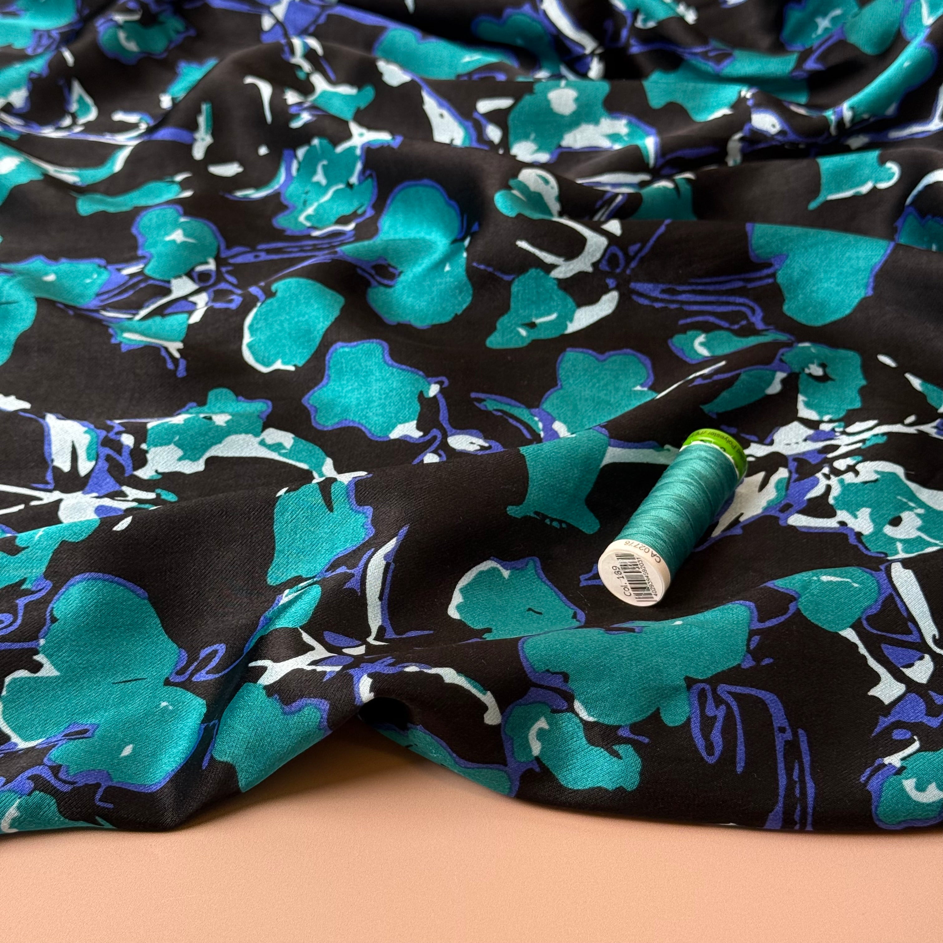 Petrol Petals Spun Viscose Sateen Fabric
