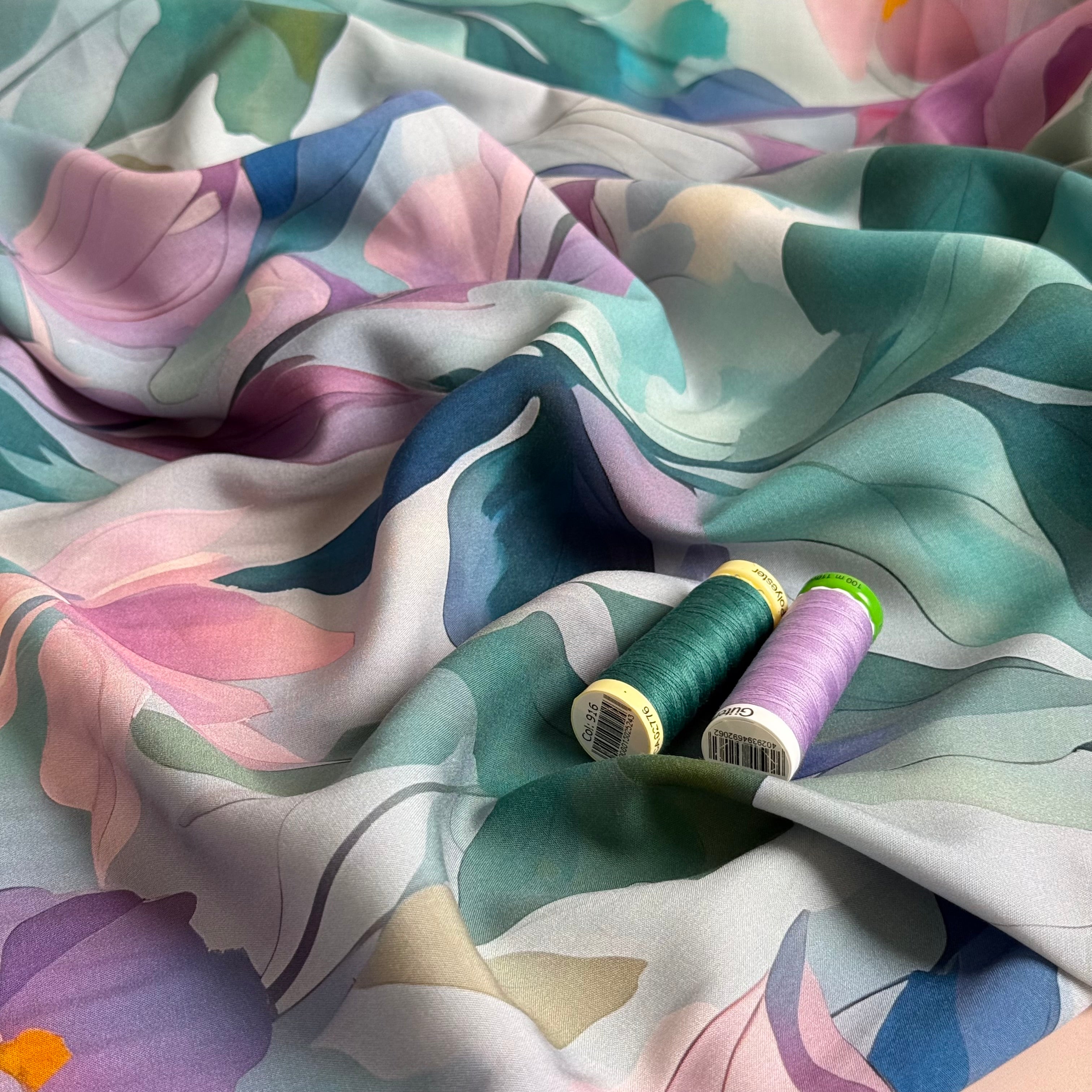 Painted Flowers Petrol Viscose Fabric