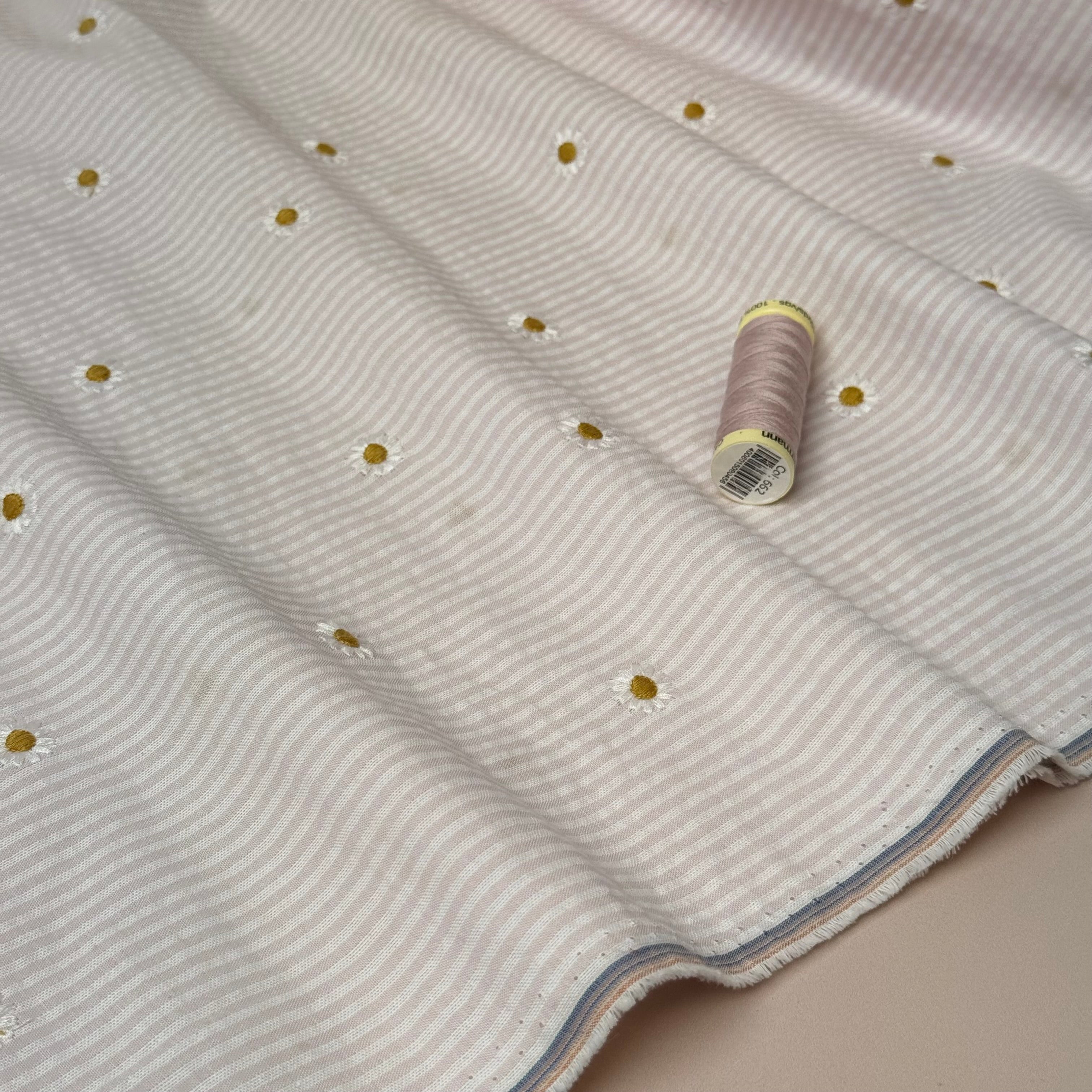 Embroidered Daisies on Pink Striped Cotton Seersucker