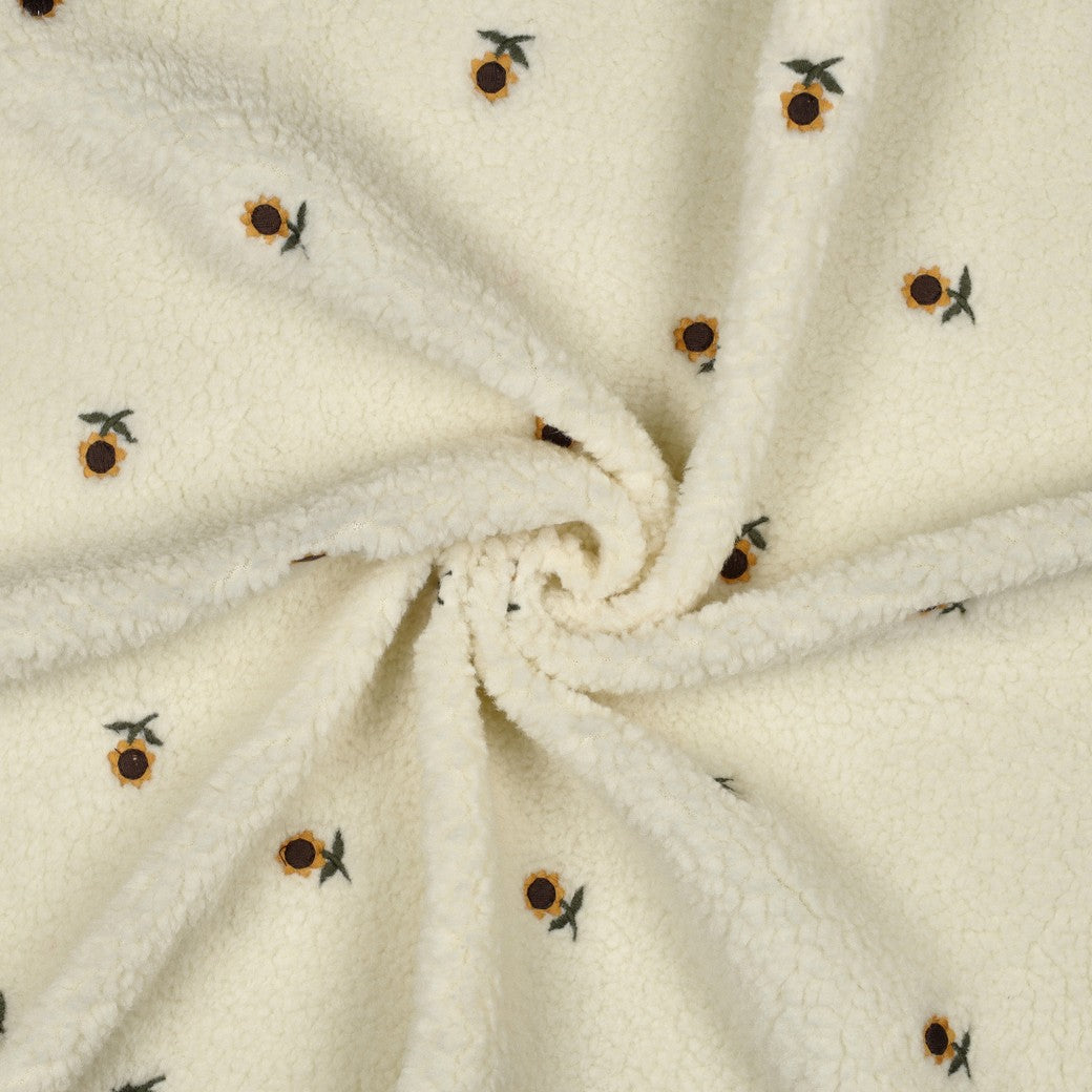 Embroidered Sunflowers Off-White Teddy Fabric