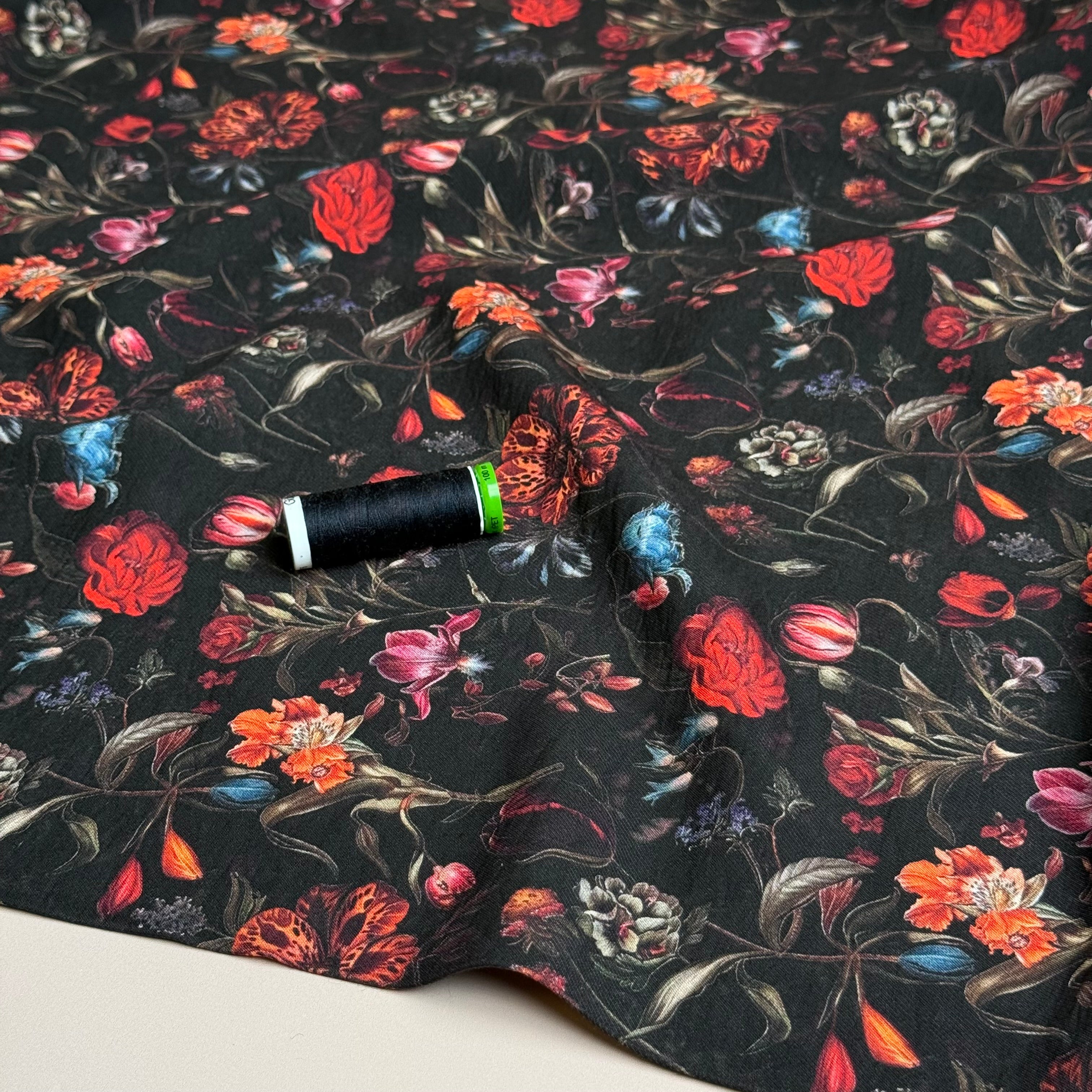 Winter Flowers Black Fine Viscose Twill