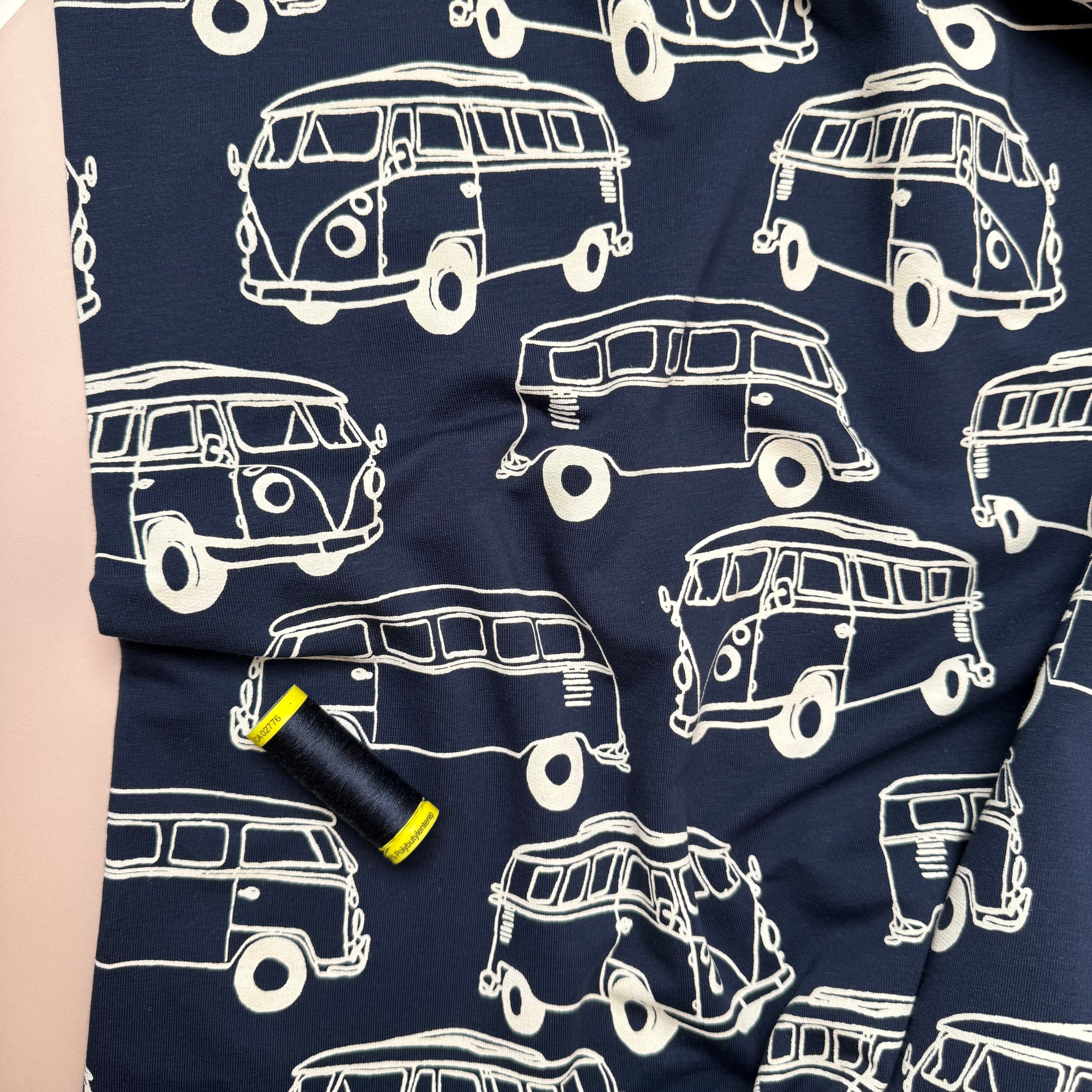 Camper Vans in Navy Peach Soft Cotton Sweat-shirting Fabric