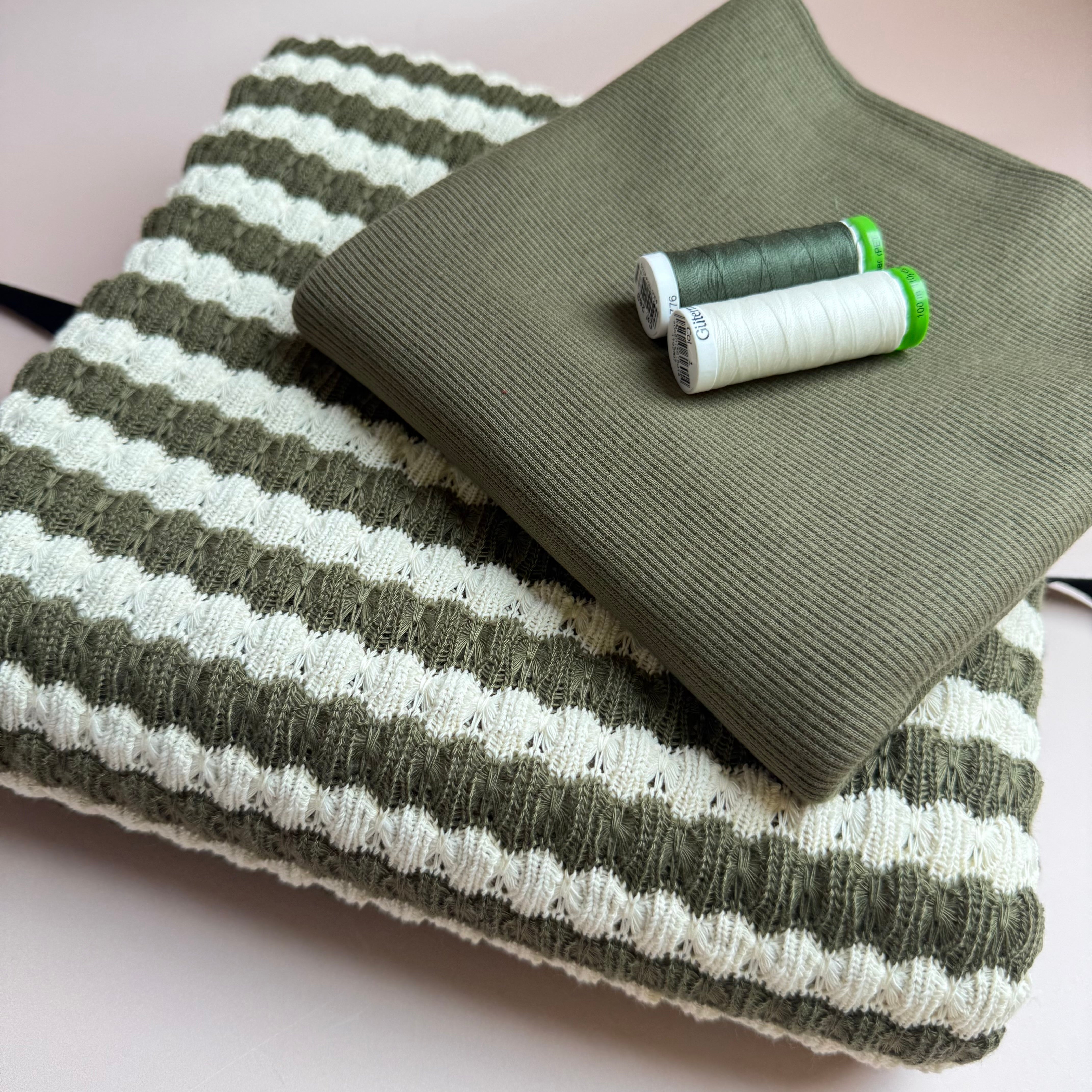 Make an Outfit Colour Bundles & Sewing Kit- Arielle Top in Summer Knitted Jacquard Olive & Matching Ribbing