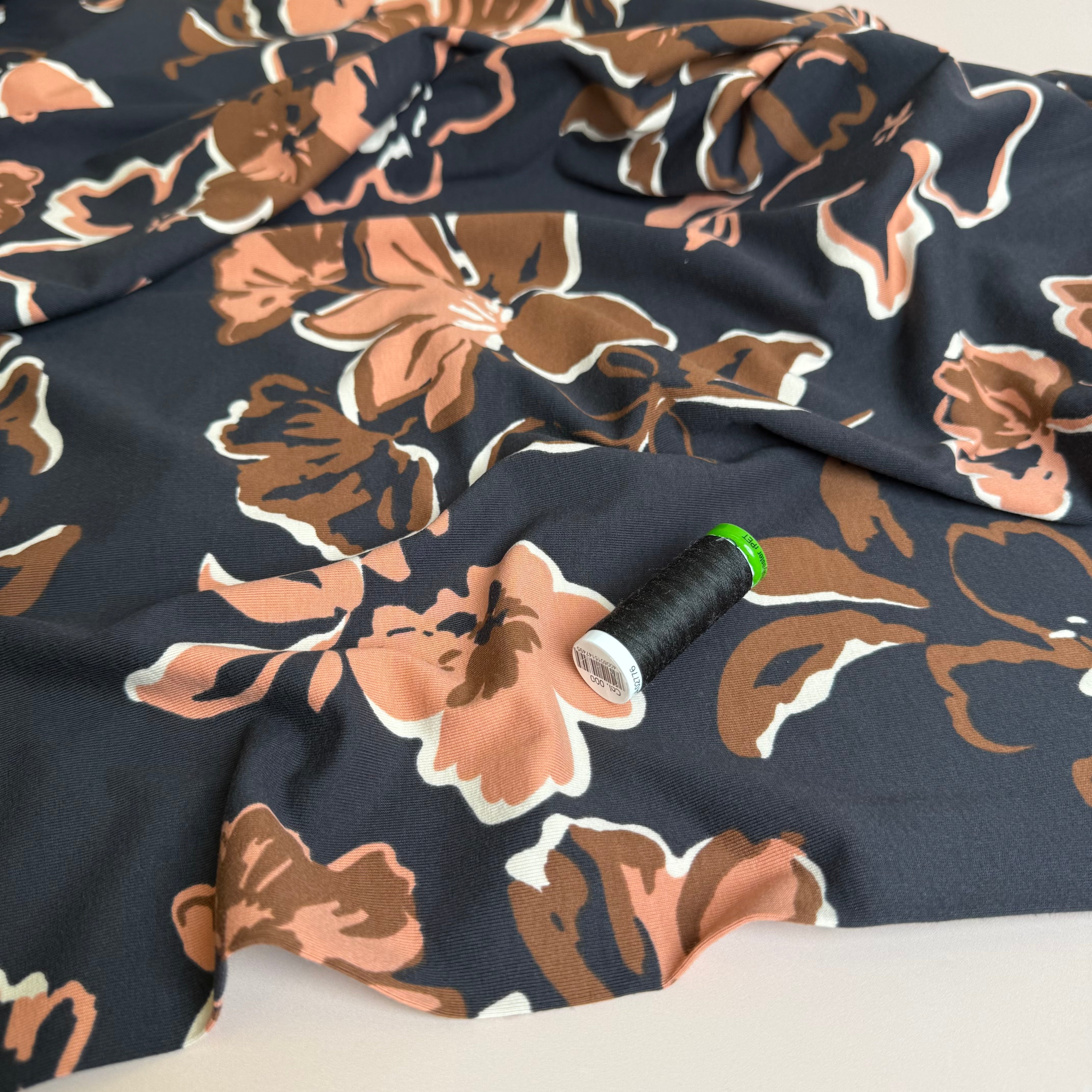 Painted Large Flowers on Black Cotton Jersey Fabric
