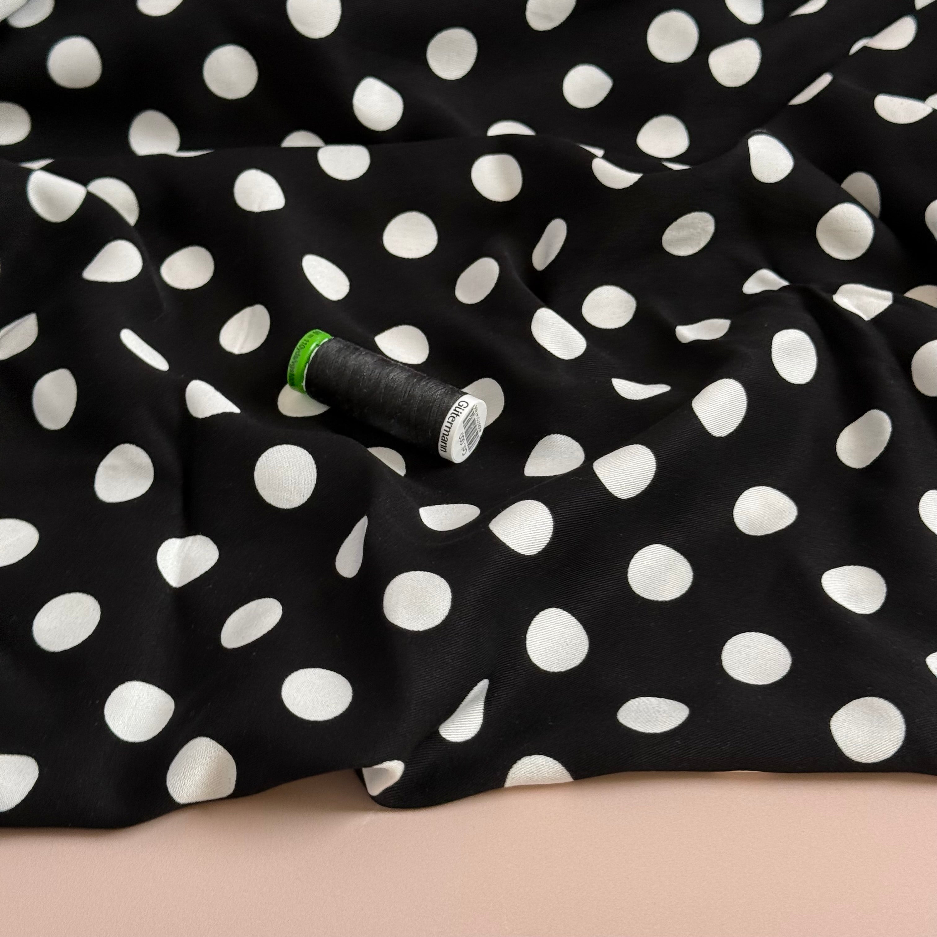 Classic Polka Black Viscose Twill Fabric