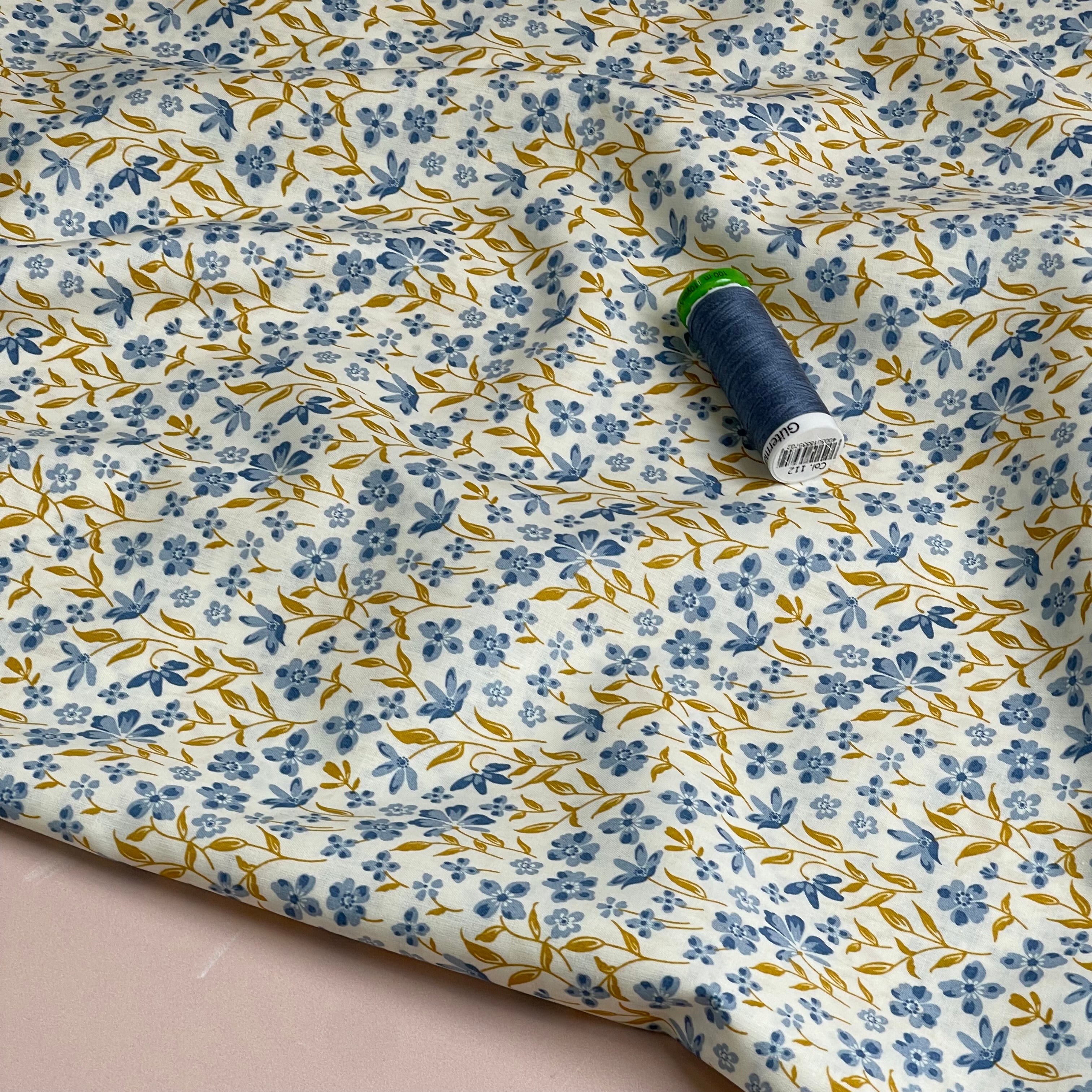 Blue Flowers Fine Cotton Poplin Fabric