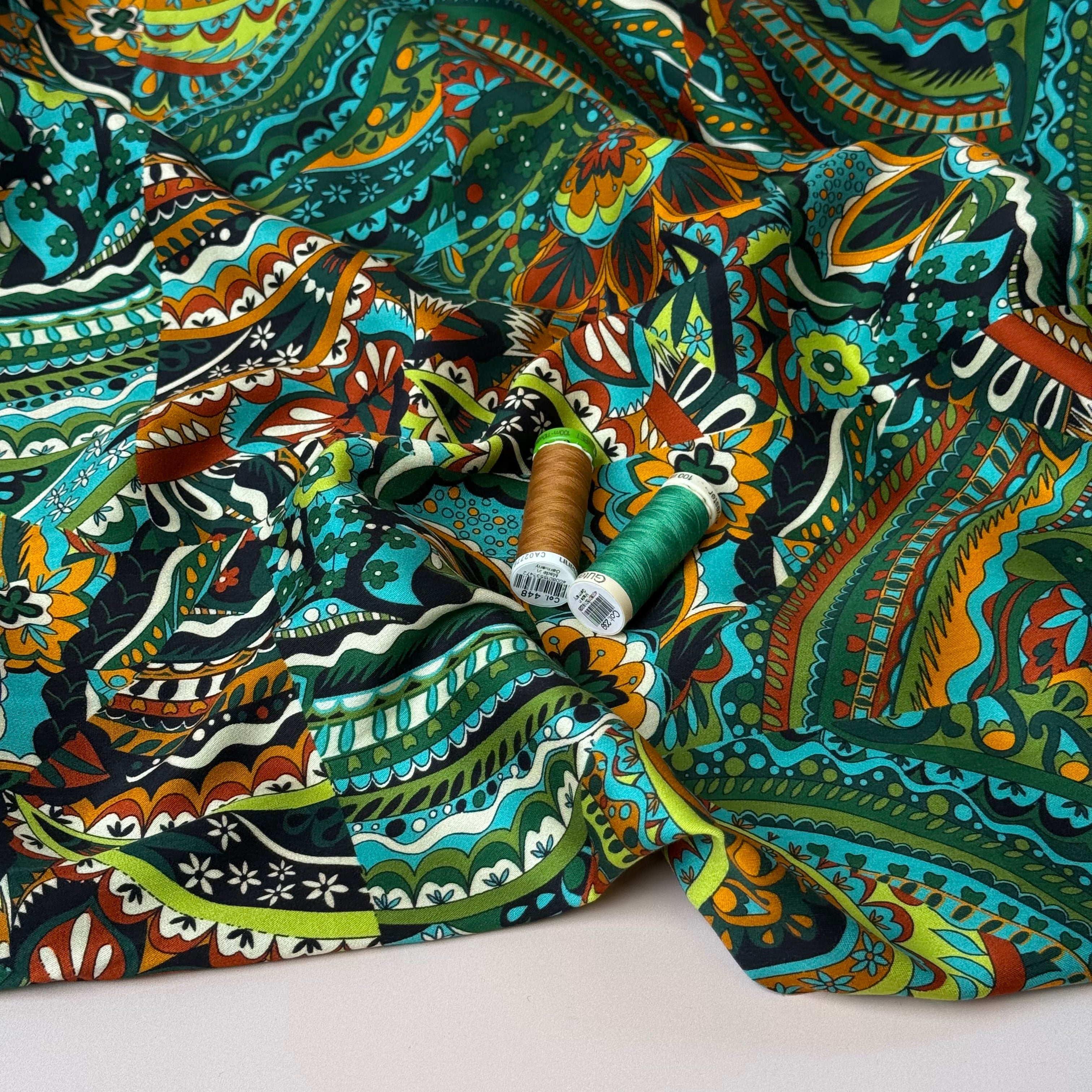 Magical Garden Forest Green Viscose Sateen Fabric