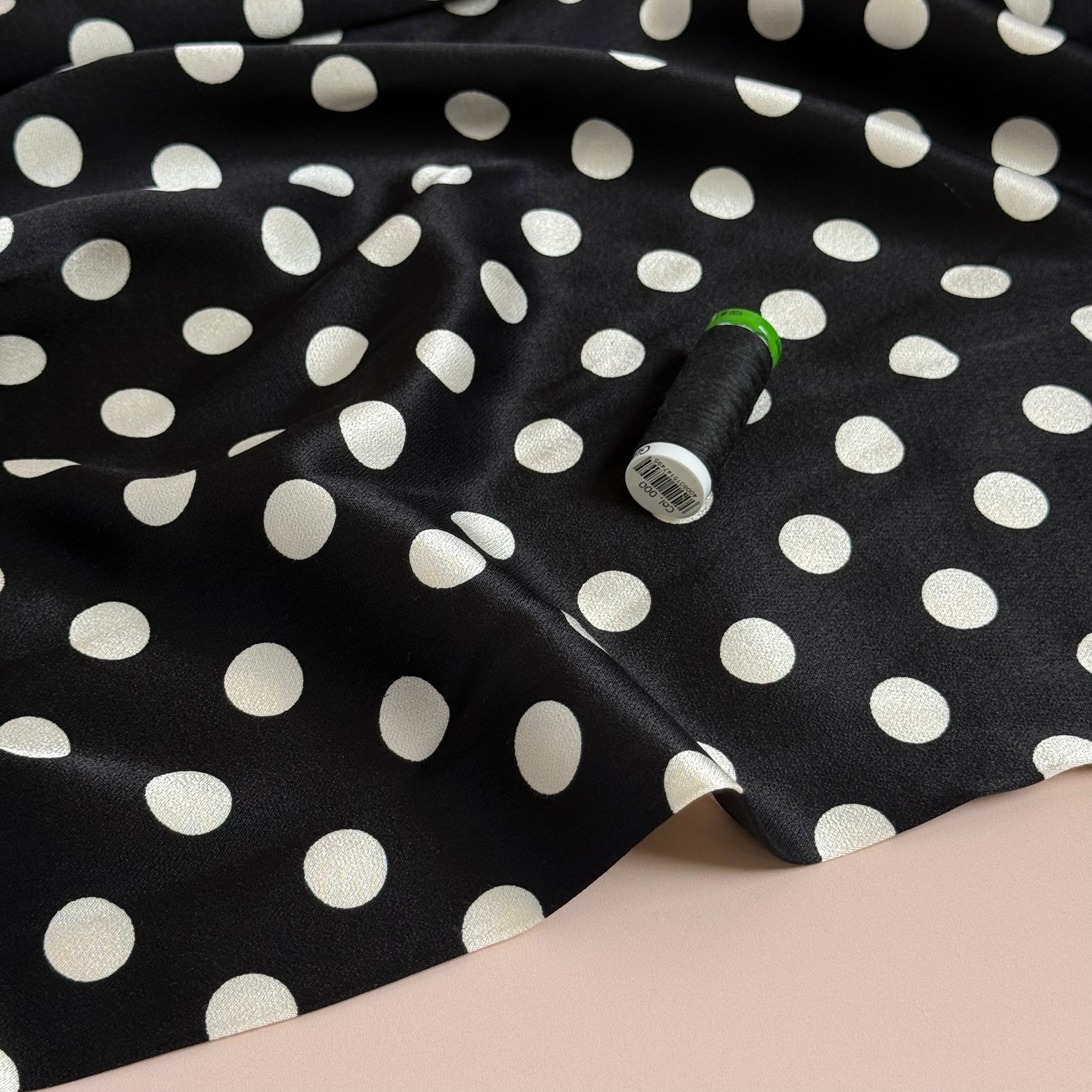 Polka White on Black Spun Viscose Sateen Fabric