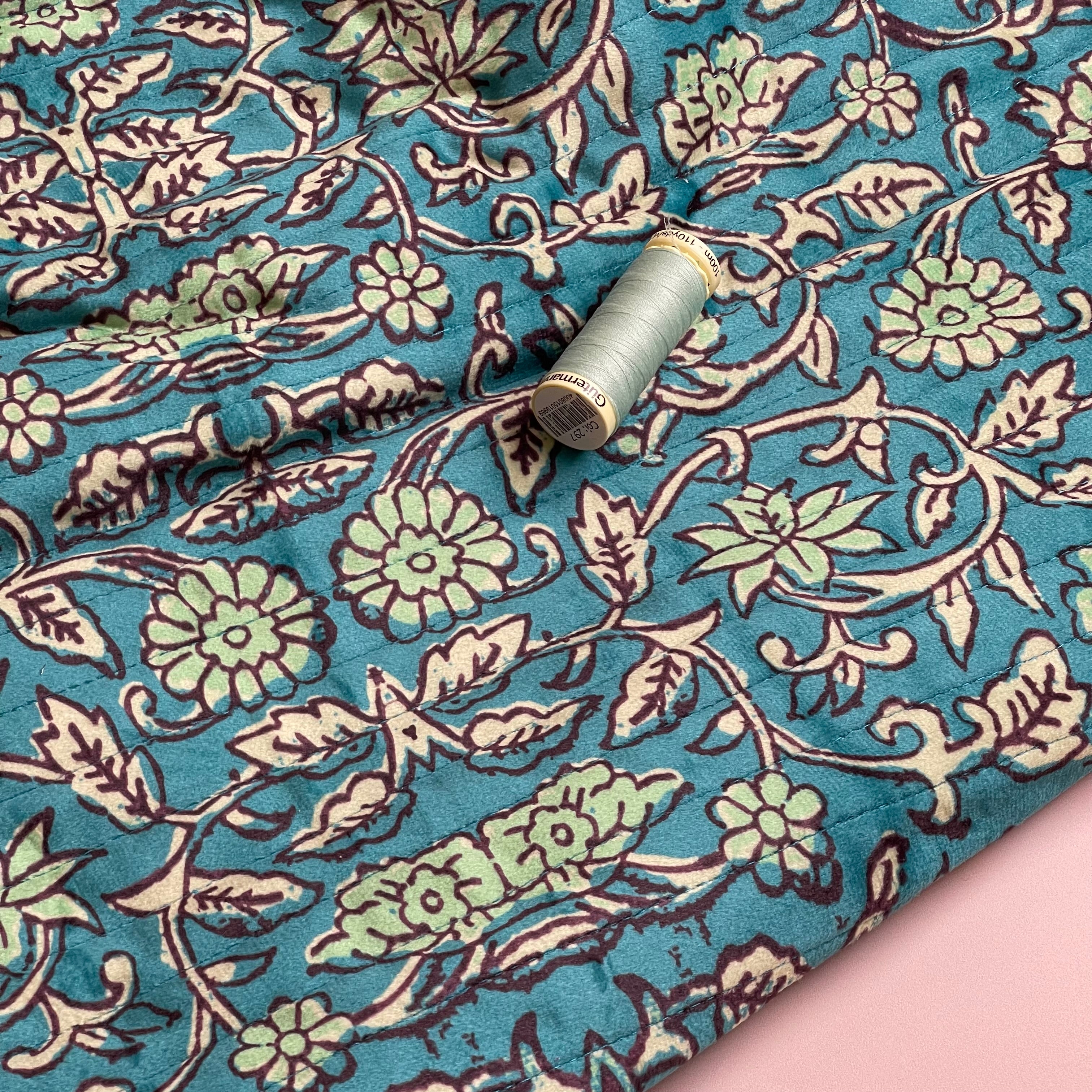 Floral Quilted Velvet Coating Fabric in Petrol & Brown