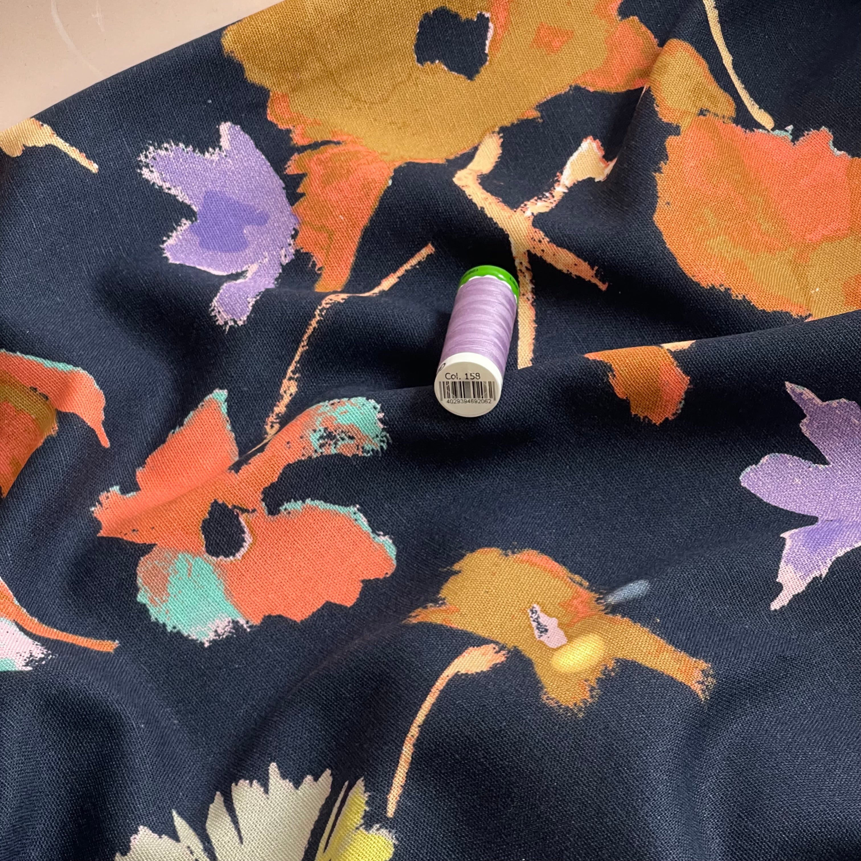 Abstract Blooms on Navy Viscose Linen Fabric