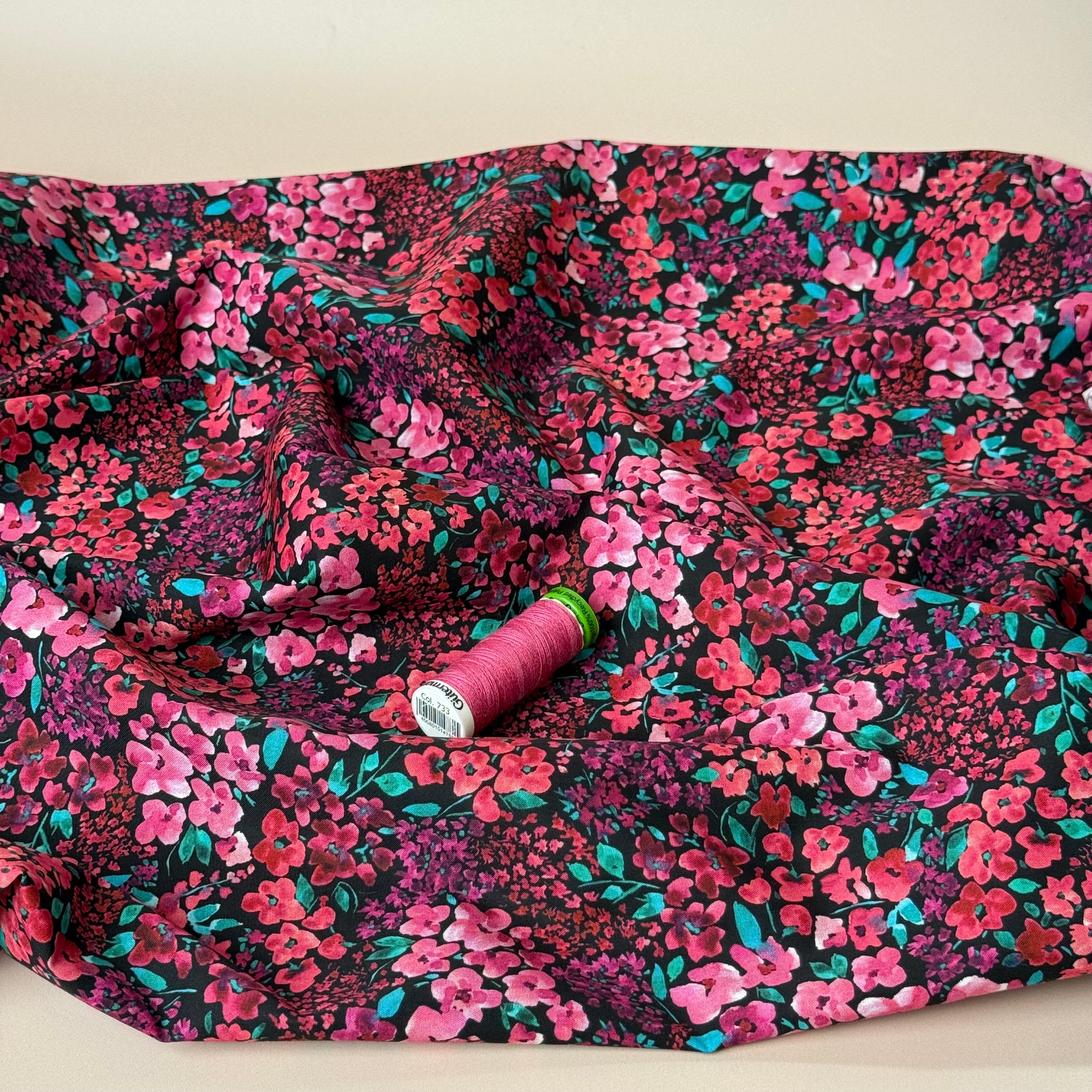 Small Watercolour Flowers on Black Fine Cotton Poplin