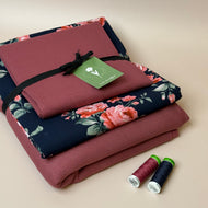 Make an Outfit Colour Bundle - Roses on Navy Viscose & Brushed Sweatshirt in Rosewood with Ribbing