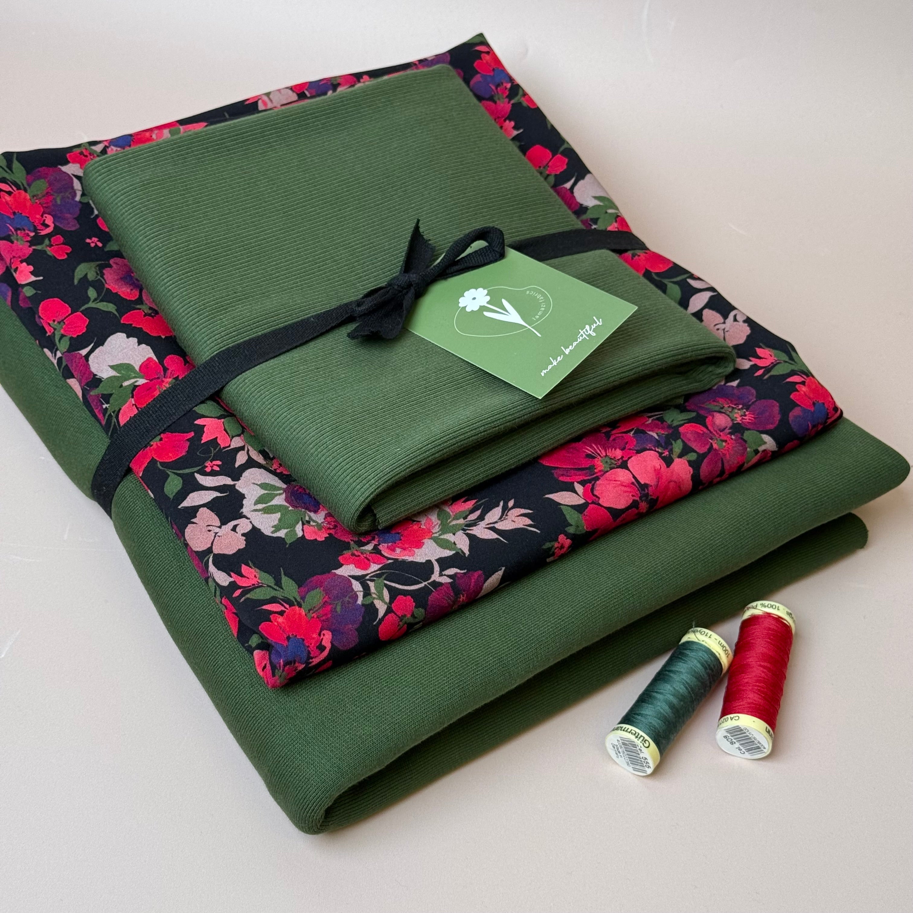 Make an Outfit Colour Bundle - Rosehip Viscose & Brushed Sweatshirt in Green Khaki with Ribbing