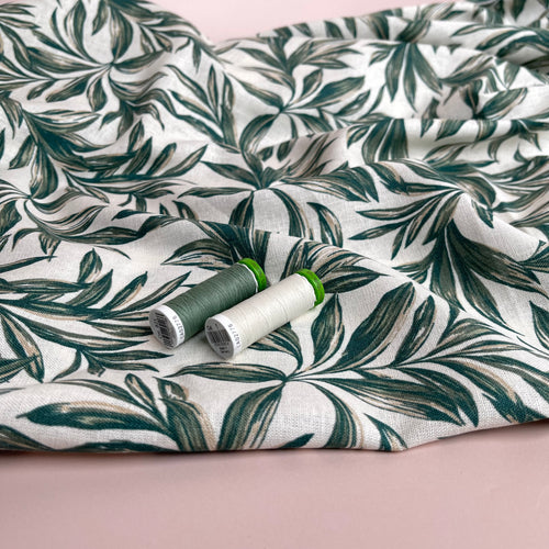 Leaves on Ecru Washed Linen Viscose Blend Fabric