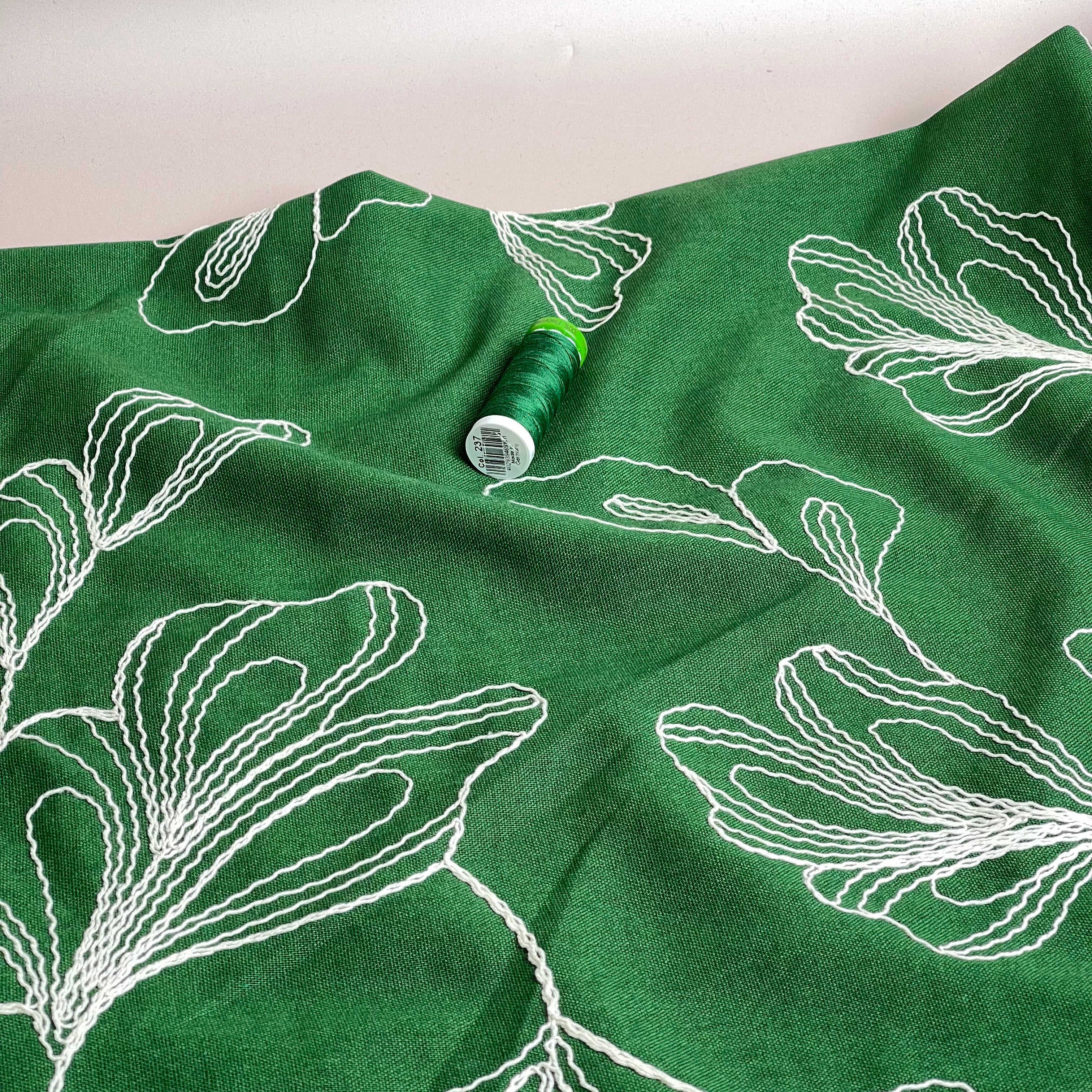 Embroidered Foliage Linen Viscose Blend Fabric in Green